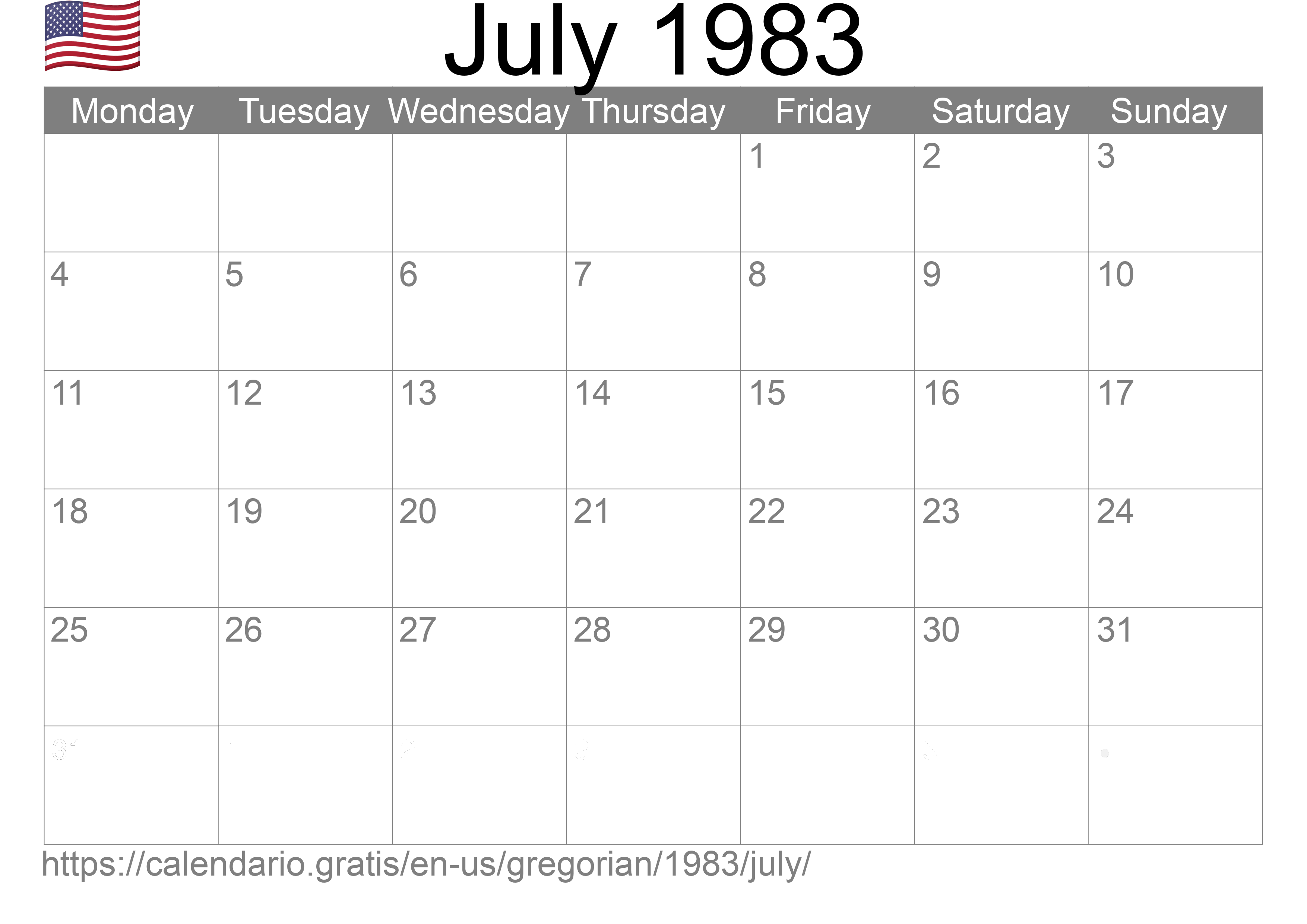 Calendar July 1983 to print