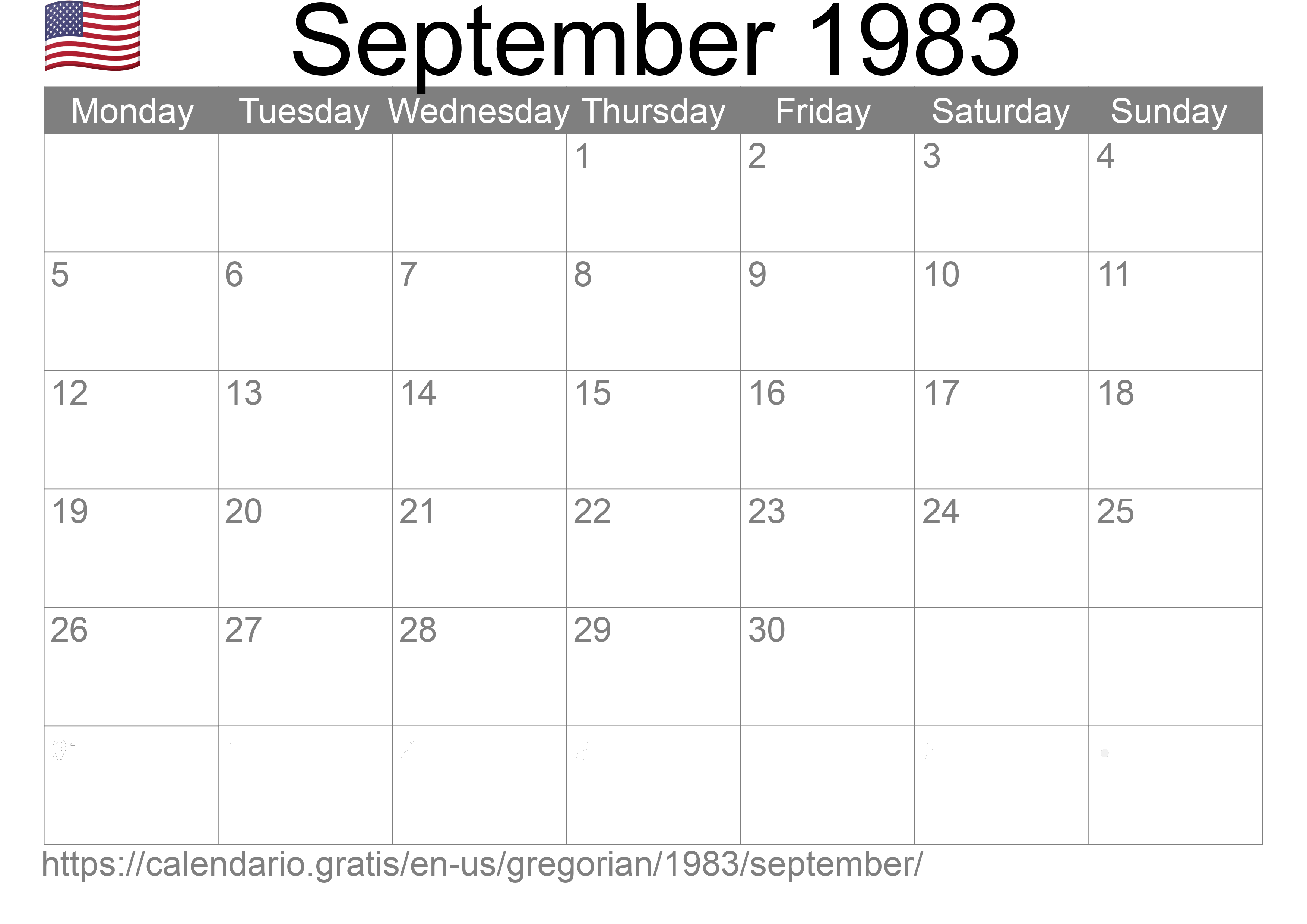 Calendar September 1983 to print