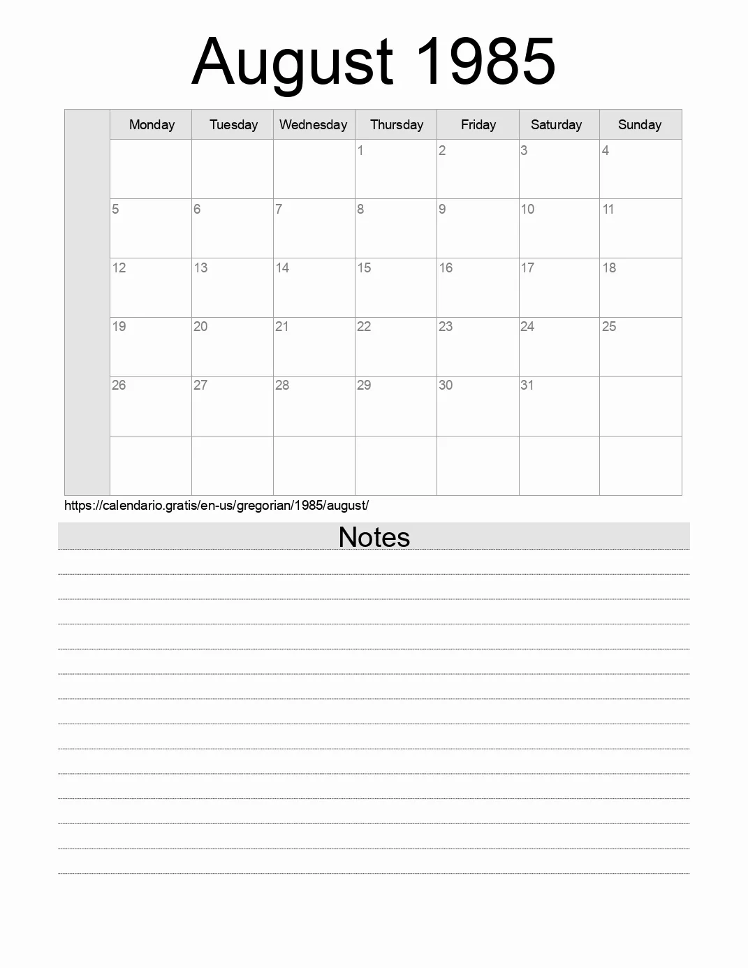 Calendar for printing with notes for 1985 August . (United States of America) Calendar for printing with notes for 1985 August . (United States of America)