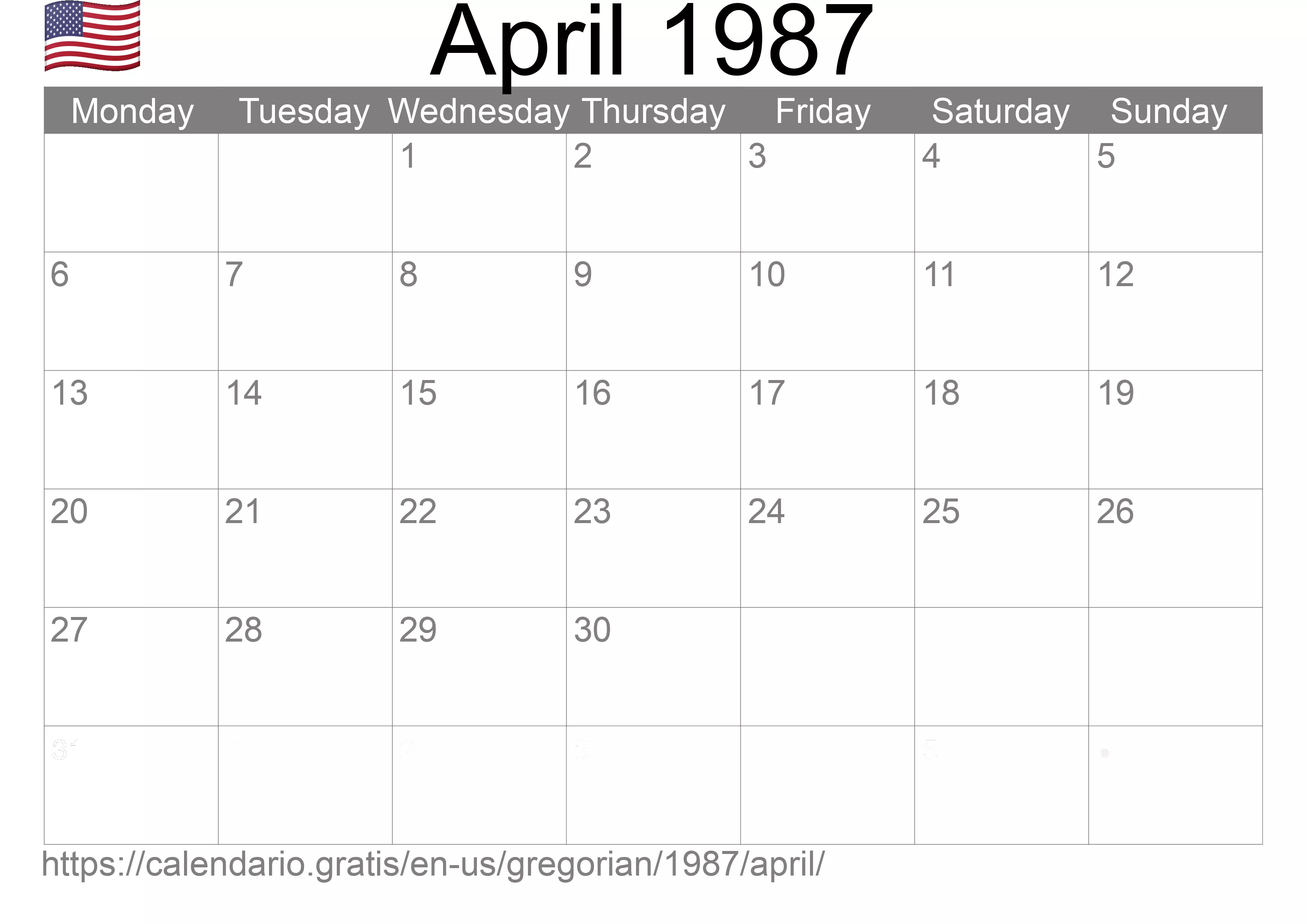 Calendar April 1987 to print