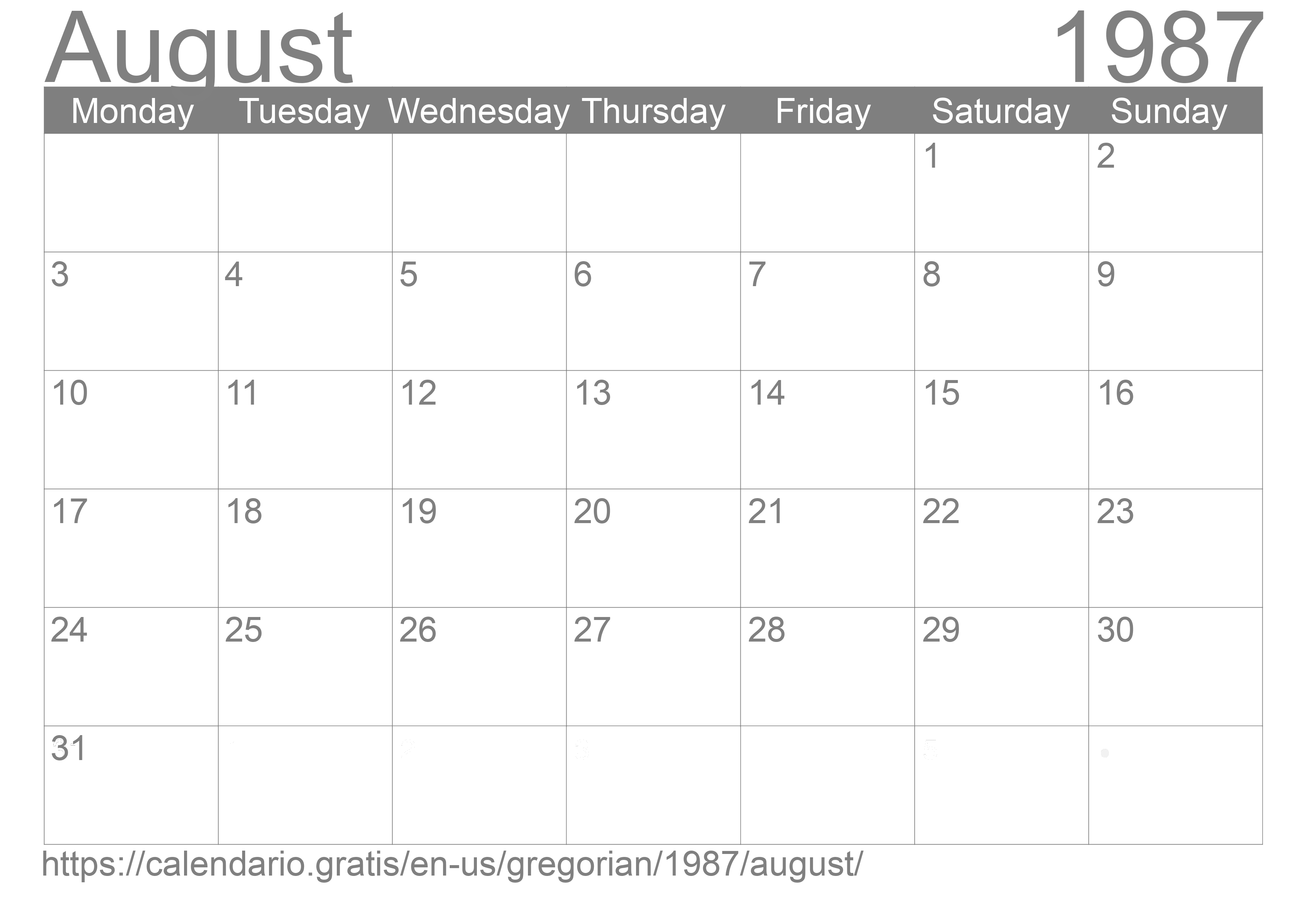 Calendar August 1987 from United States of America in English: Holidays