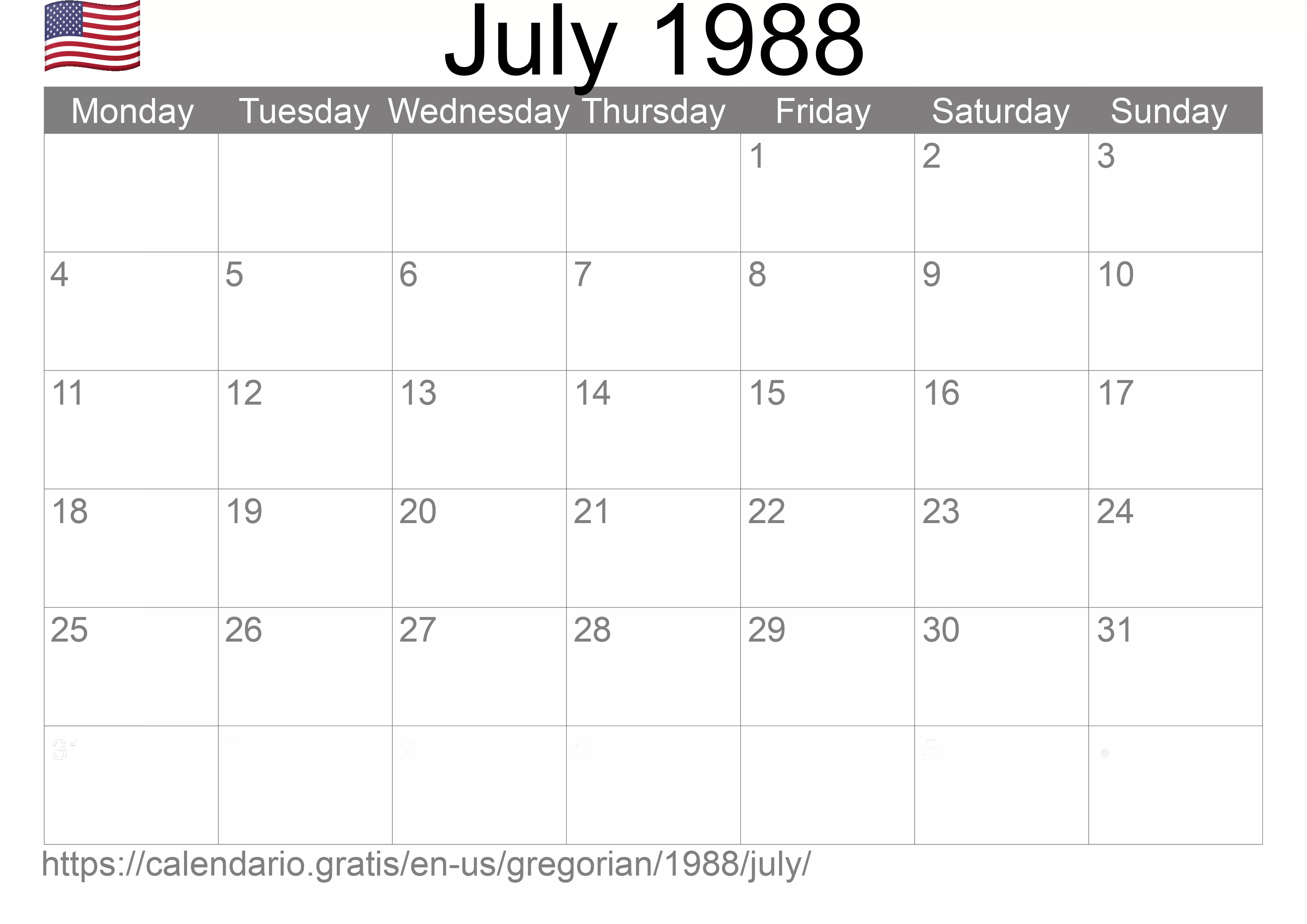 Calendar July 1988 from United States of America in English: Holidays