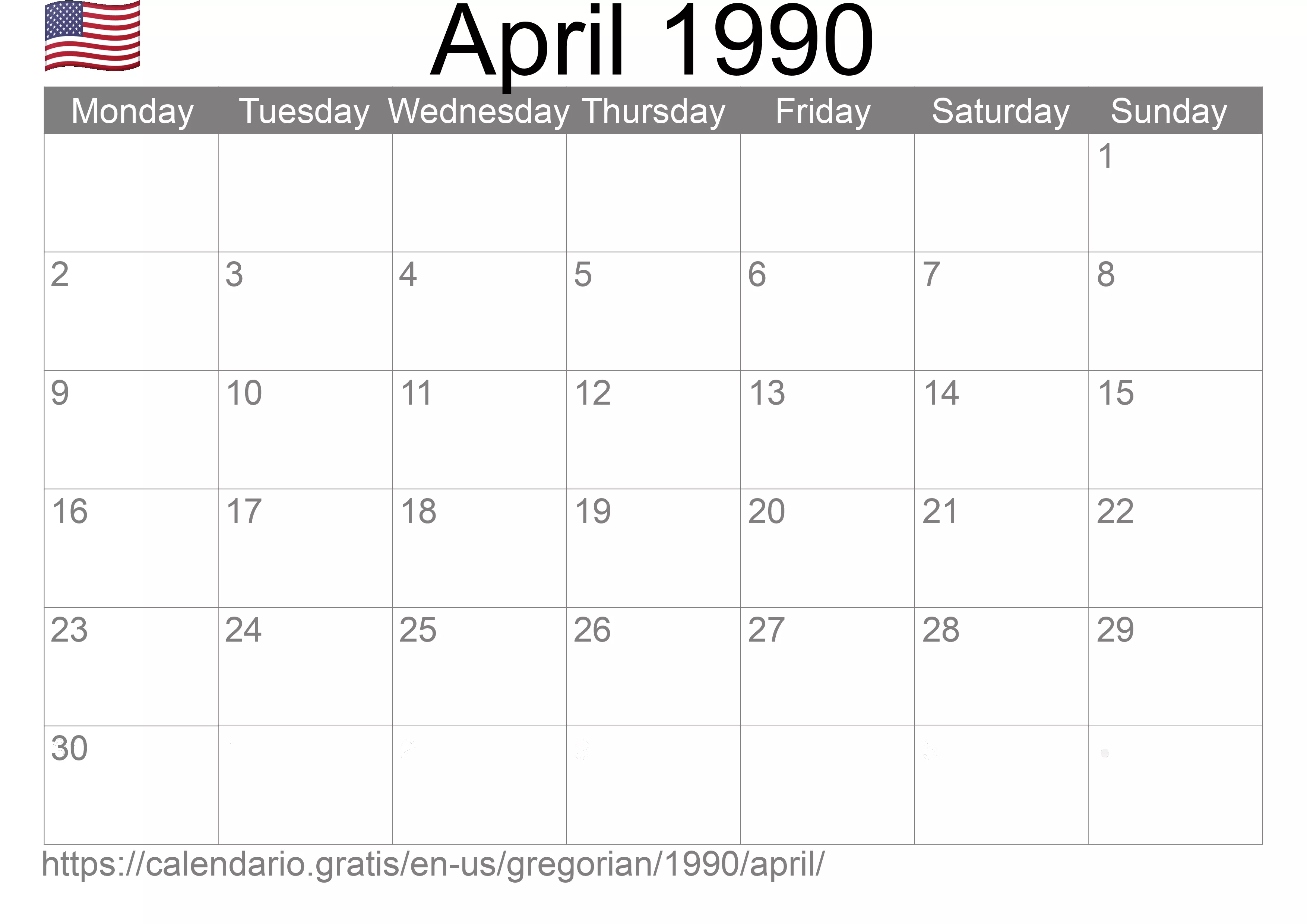 Calendar April 1990 to print (United States of America) Calendar April 1990 to print (United States of America)