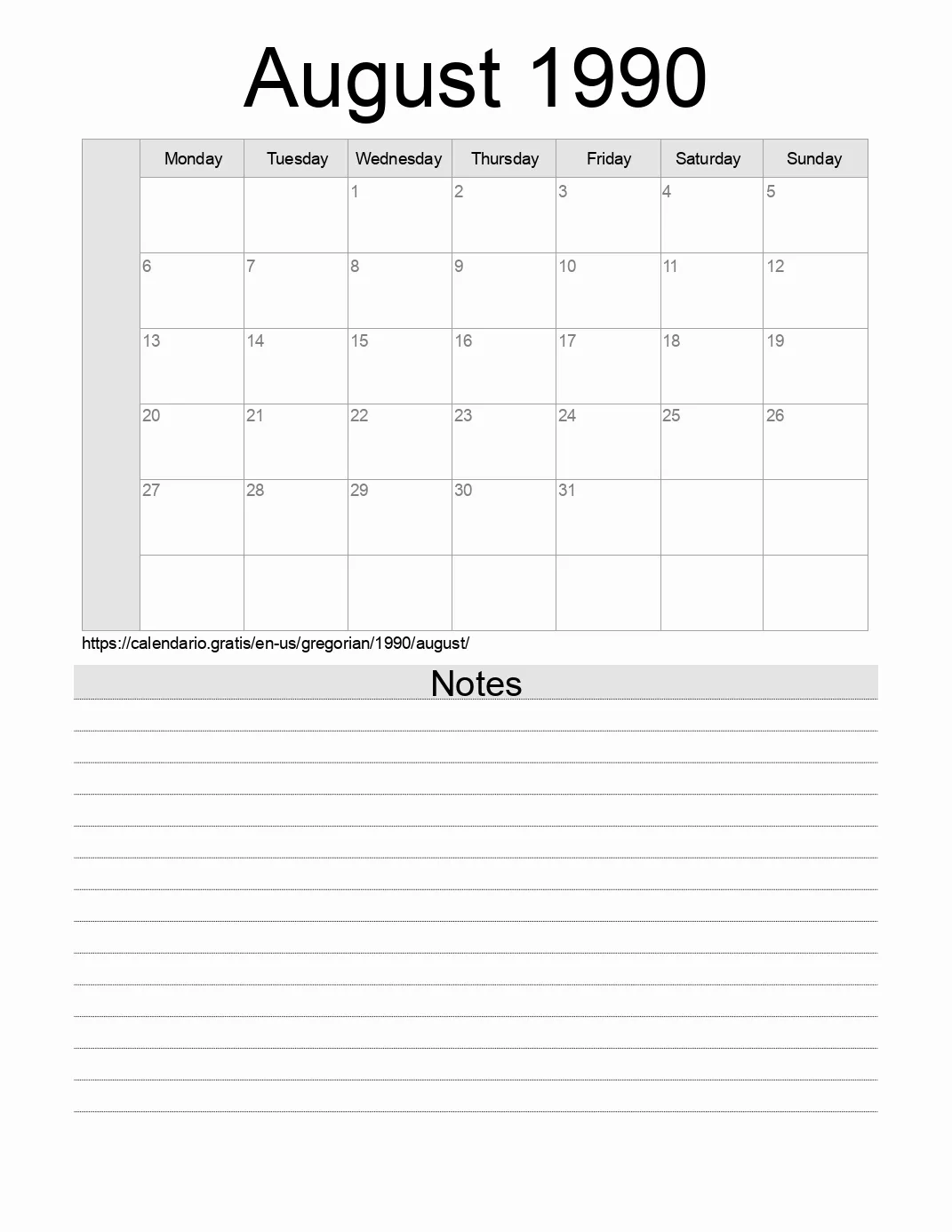 Calendar for printing with notes for 1990 August . (United States of America) Calendar for printing with notes for 1990 August . (United States of America)