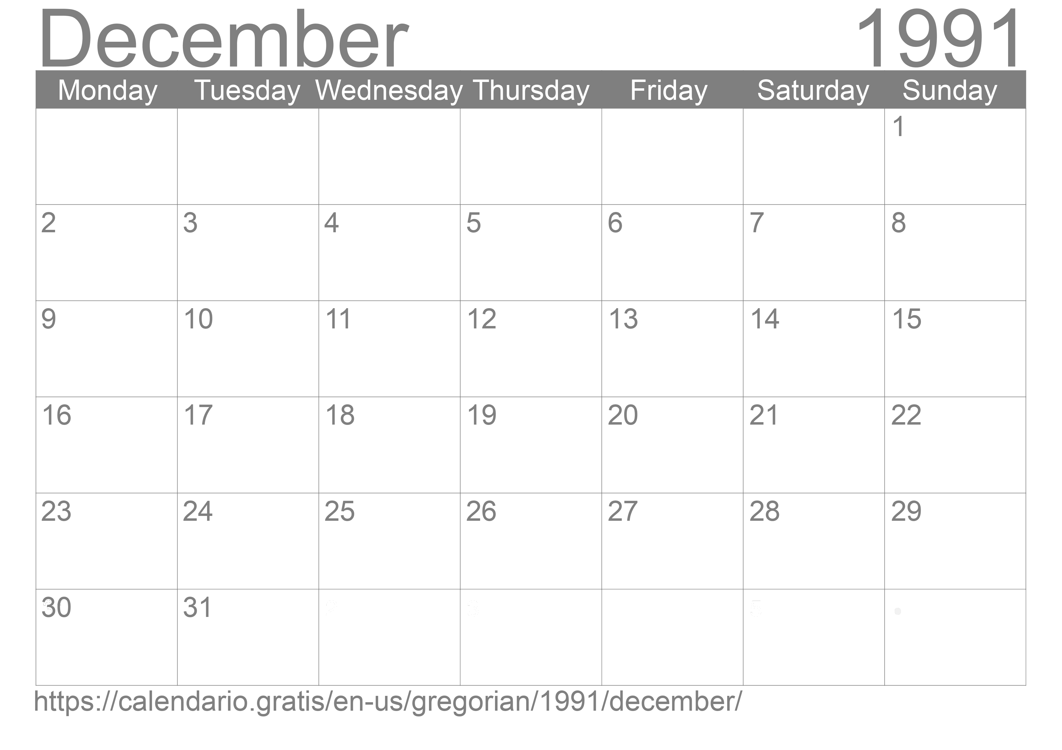 Calendar December 1991 to print
