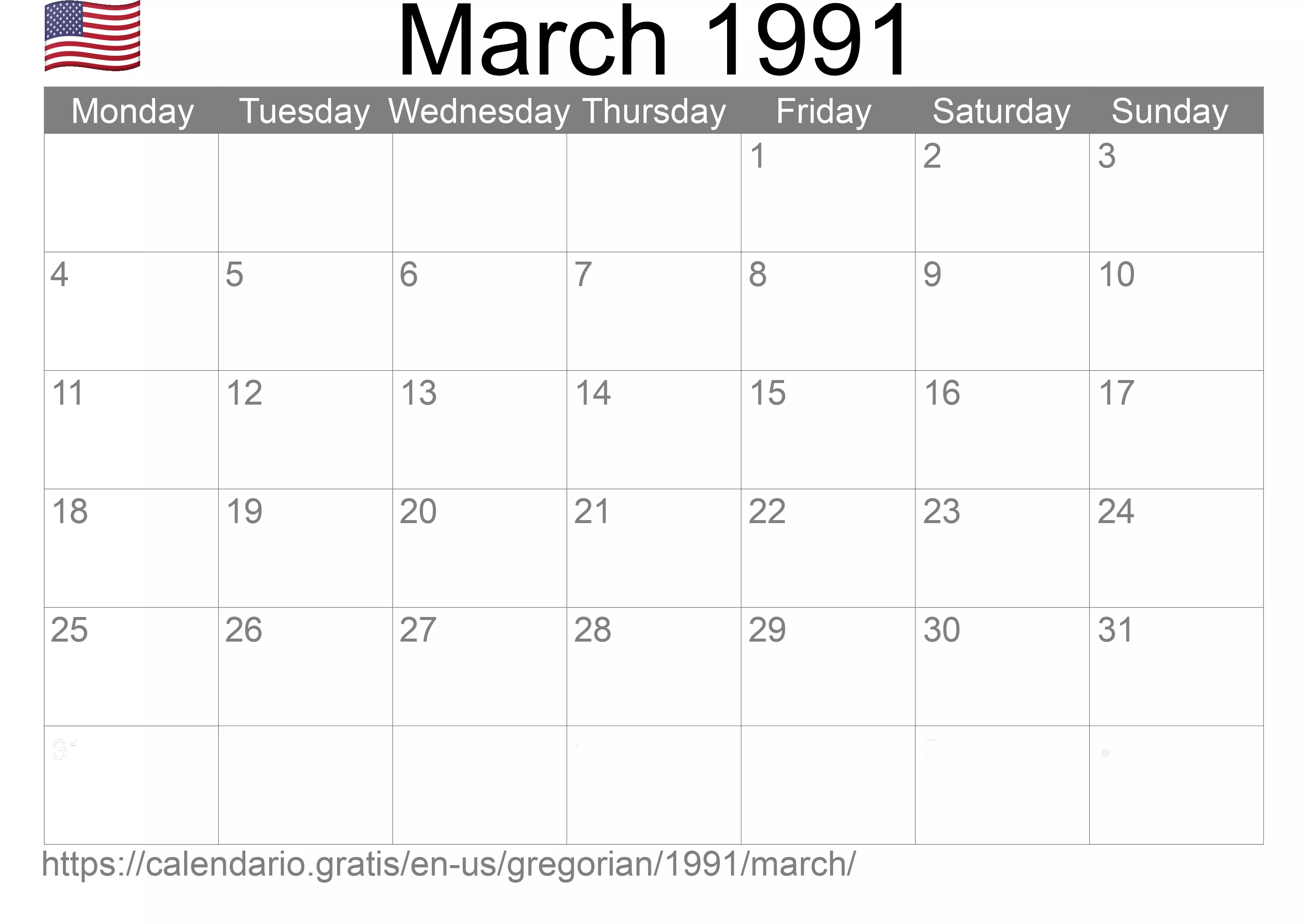 Calendar March 1991 to print (United States of America) Calendar March 1991 to print (United States of America)