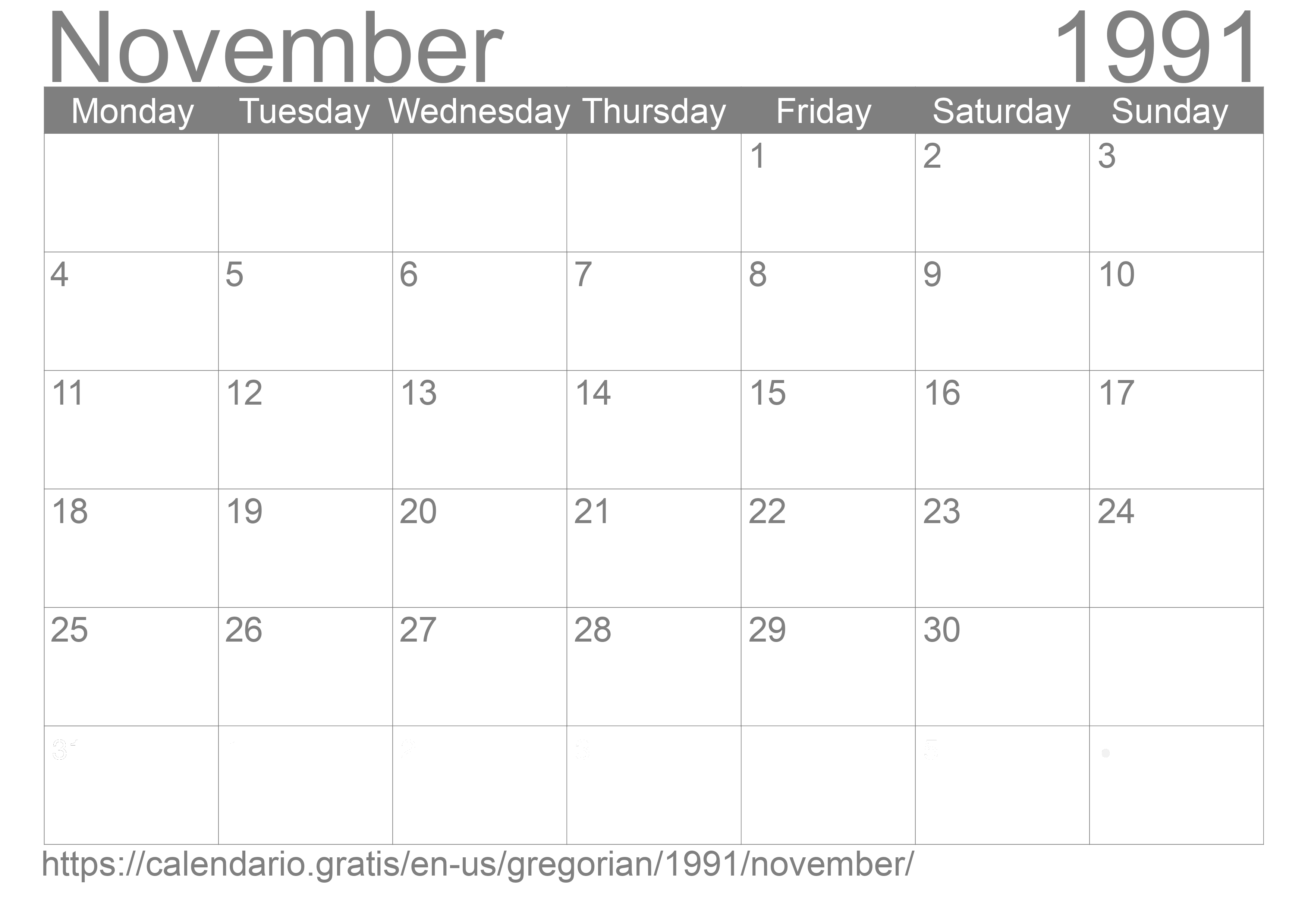 Calendar November 1991 to print