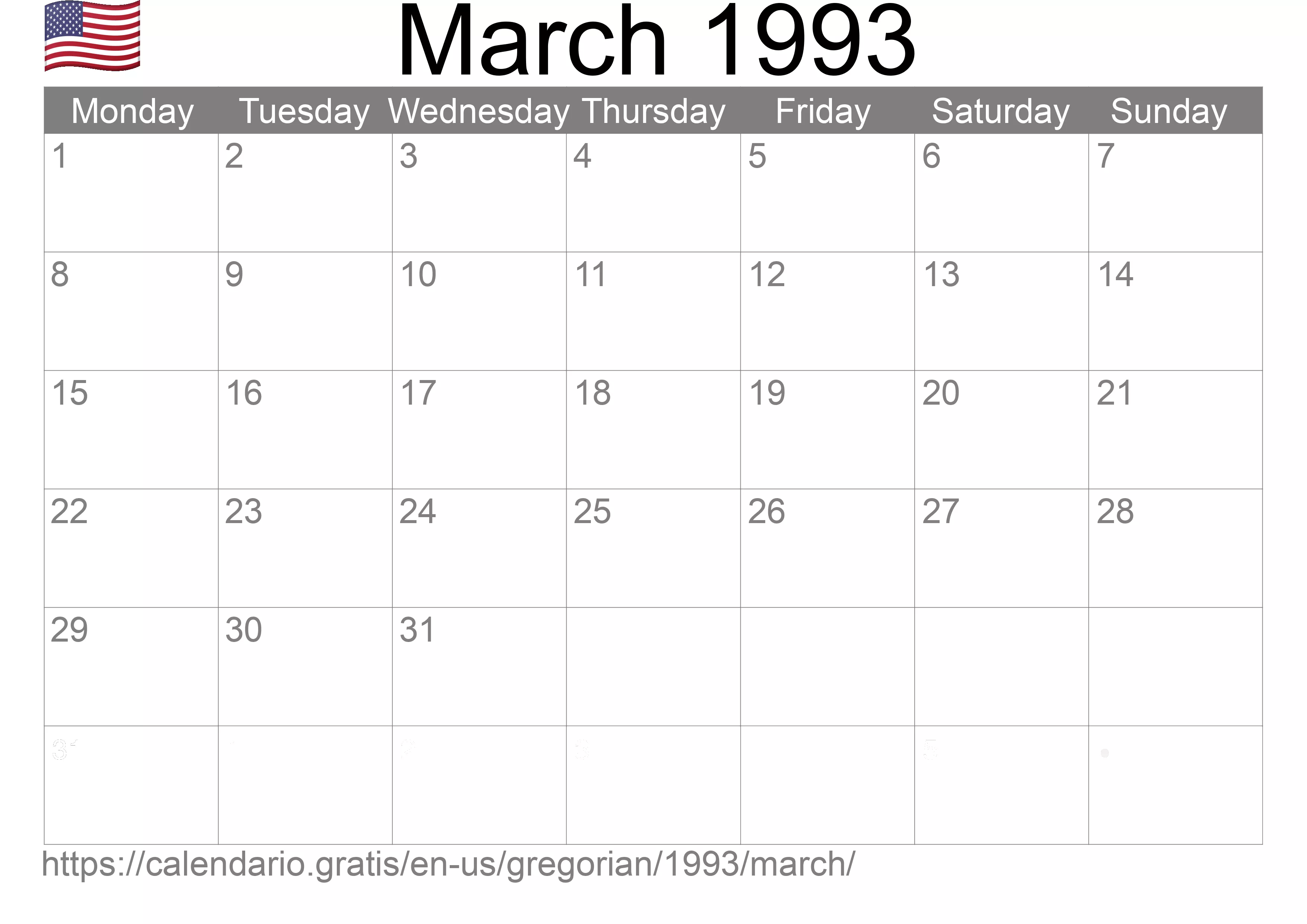 Calendar March 1993 to print (United States of America) Calendar March 1993 to print (United States of America)