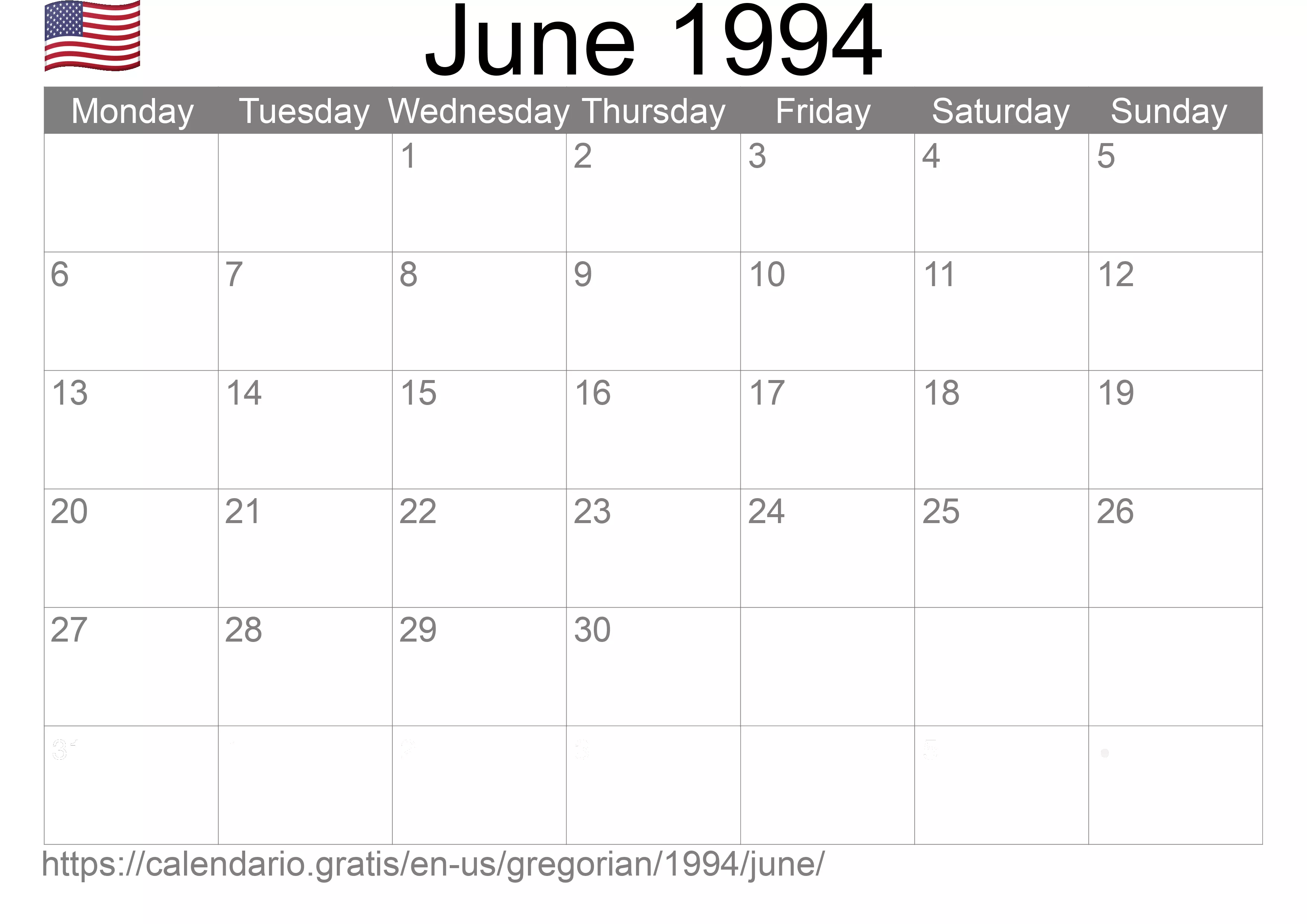 Calendar June 1994 to print (United States of America) Calendar June 1994 to print (United States of America)