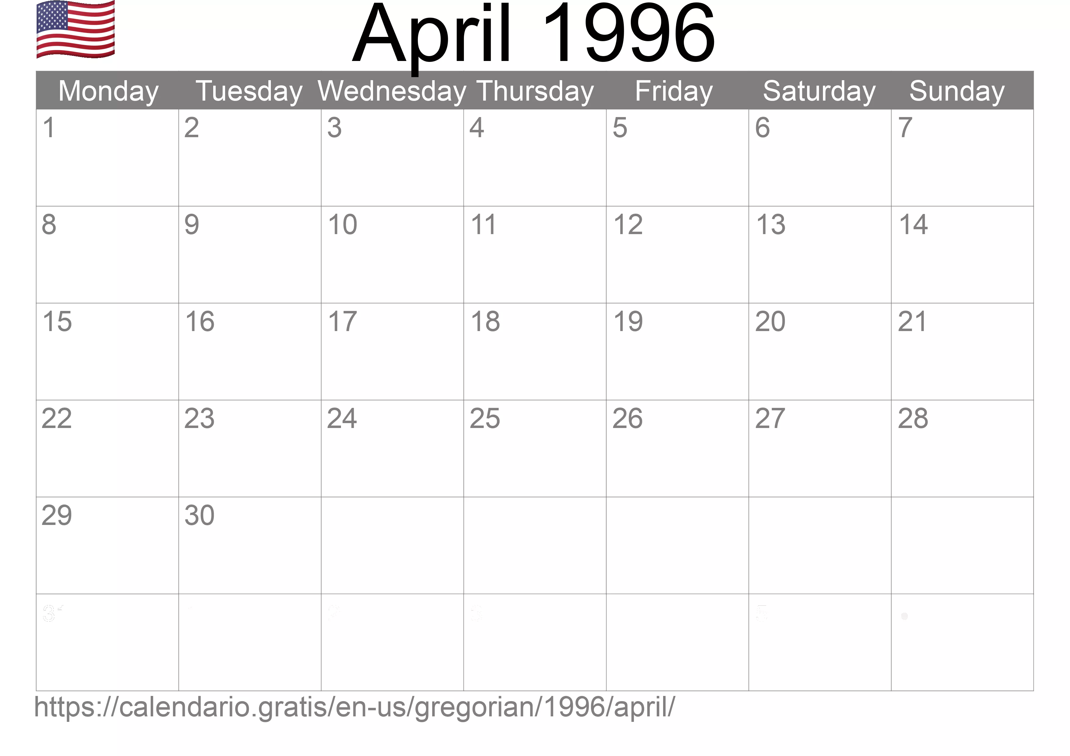 Calendar April 1996 to print (United States of America) Calendar April 1996 to print (United States of America)