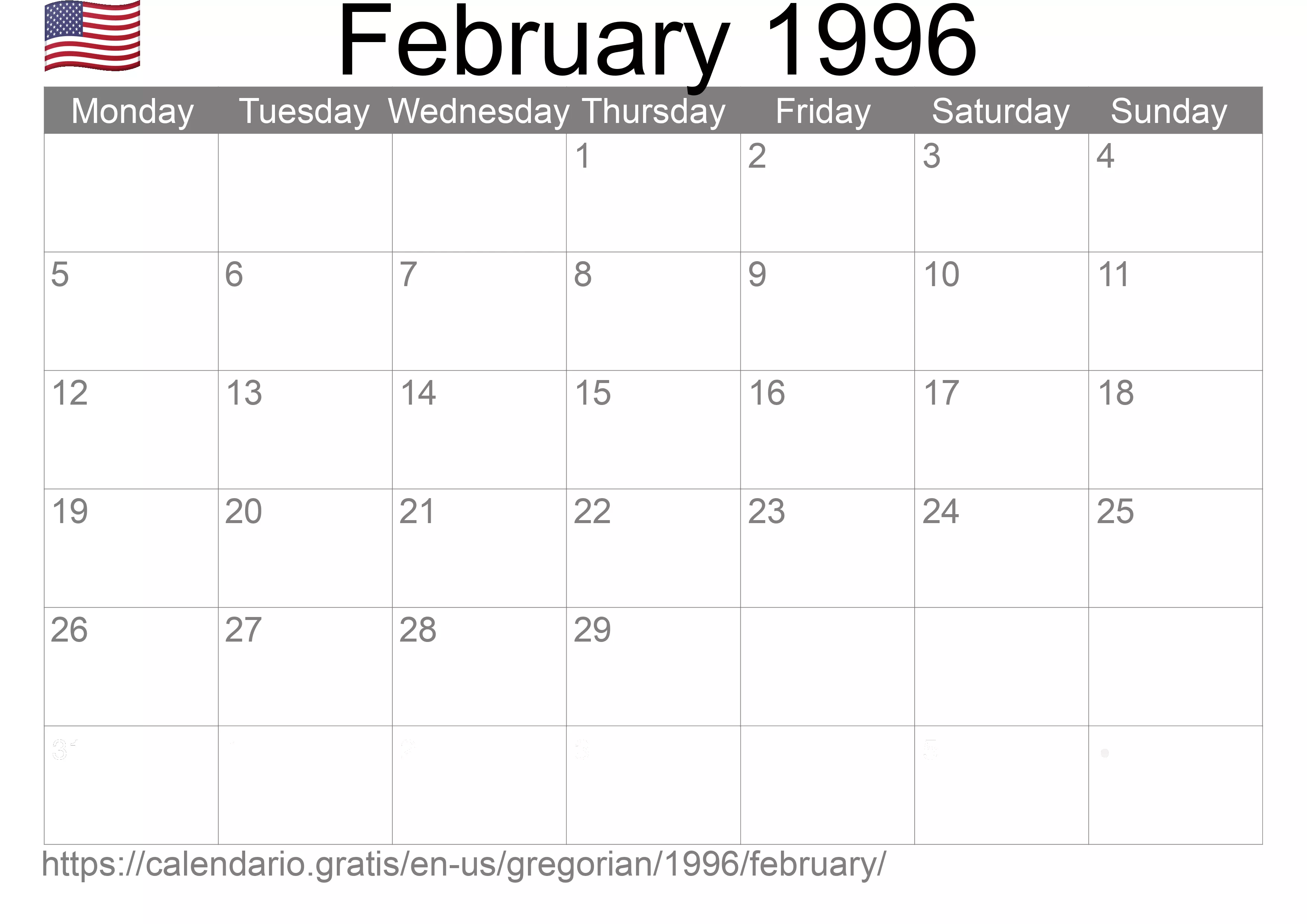 Calendar February 1996 to print (United States of America) Calendar February 1996 to print (United States of America)