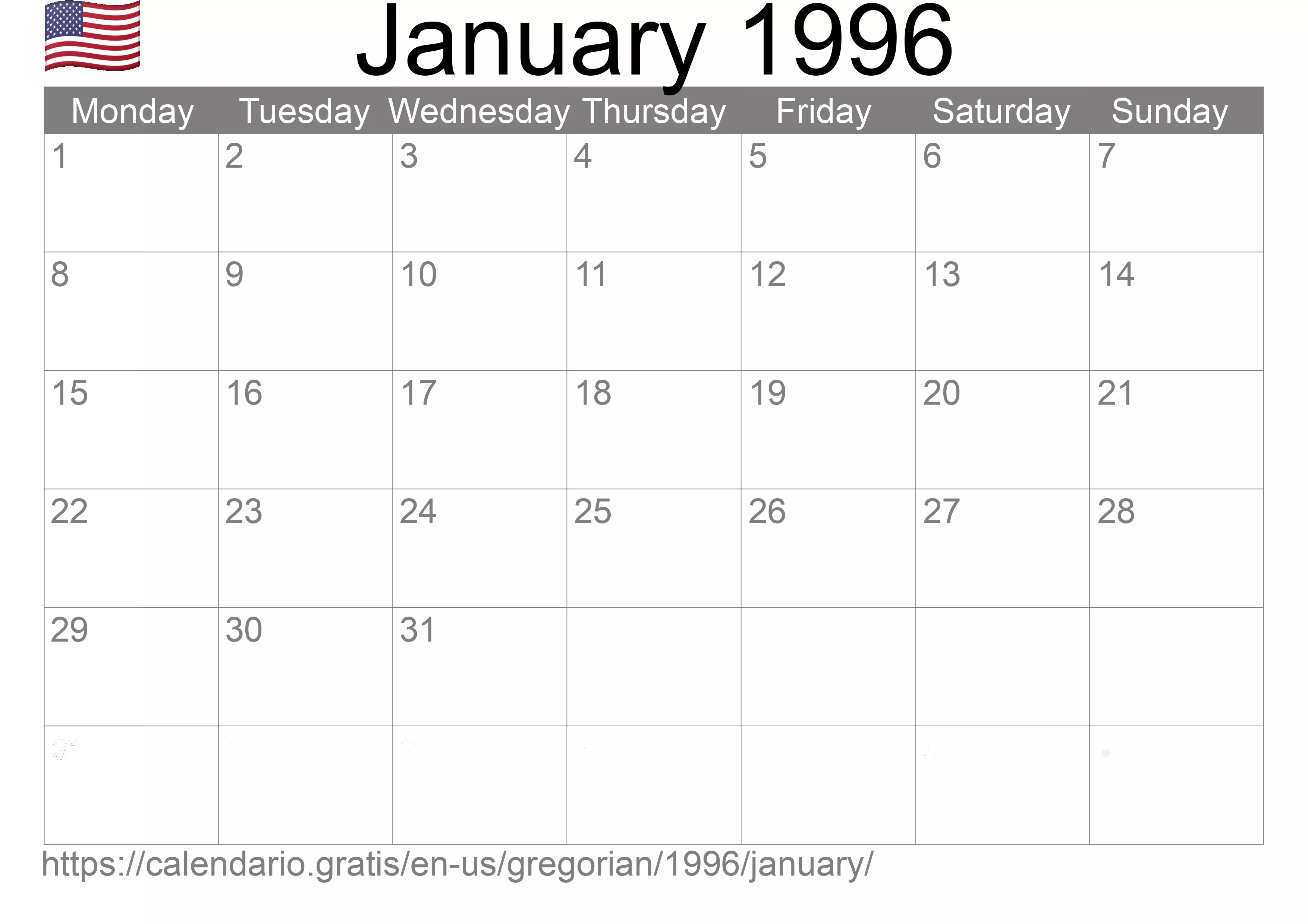 Calendar January 1996 to print (United States of America) Calendar January 1996 to print (United States of America)
