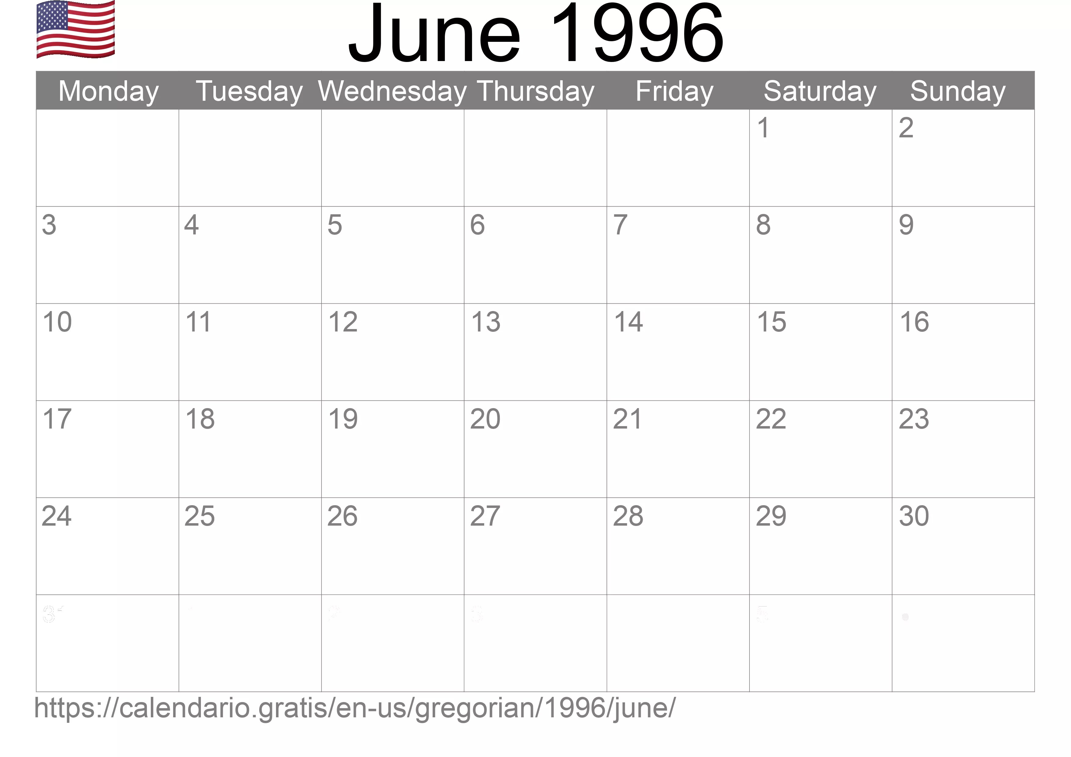 Calendar June 1996 to print (United States of America) Calendar June 1996 to print (United States of America)