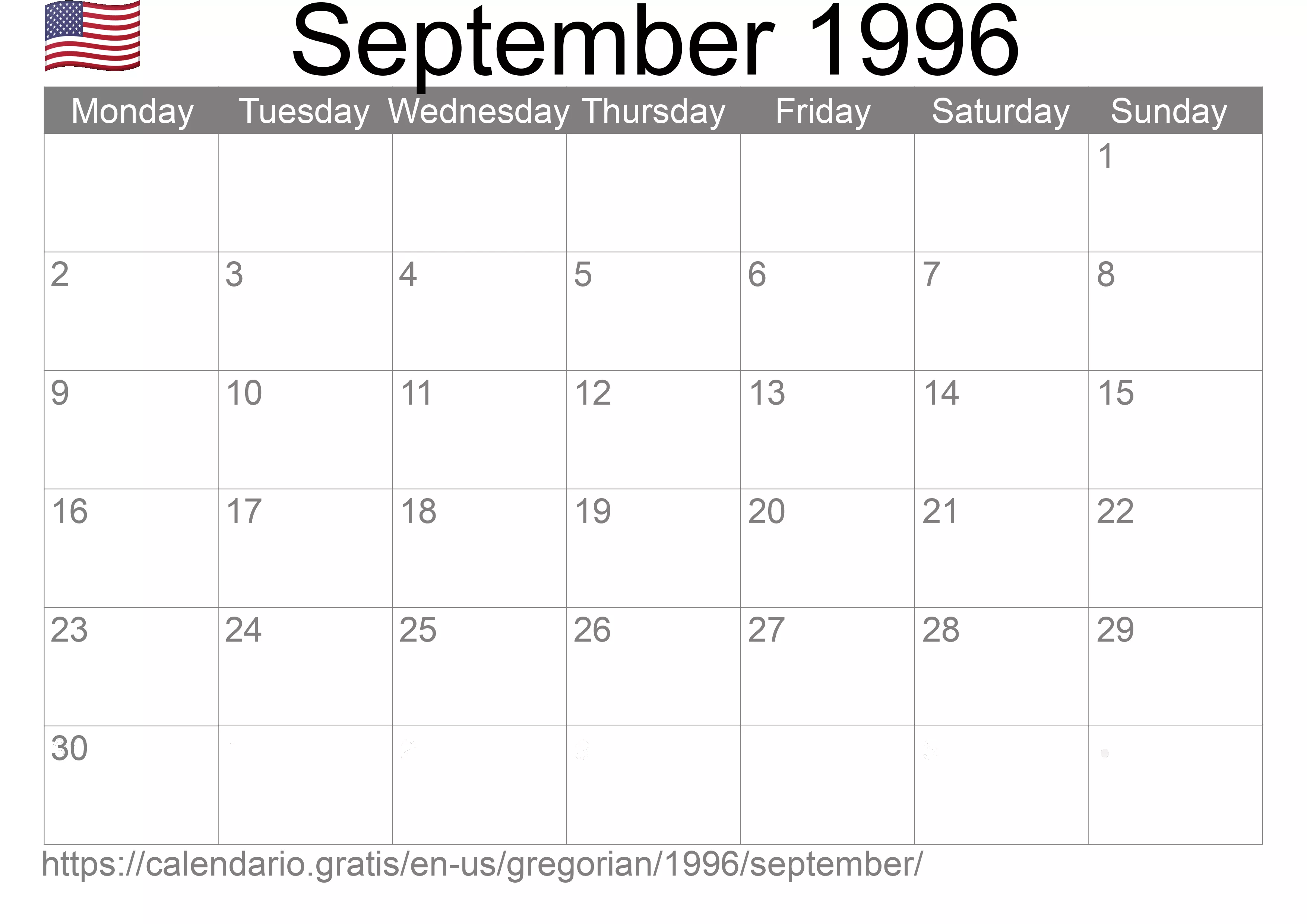 Calendar September 1996 to print (United States of America)