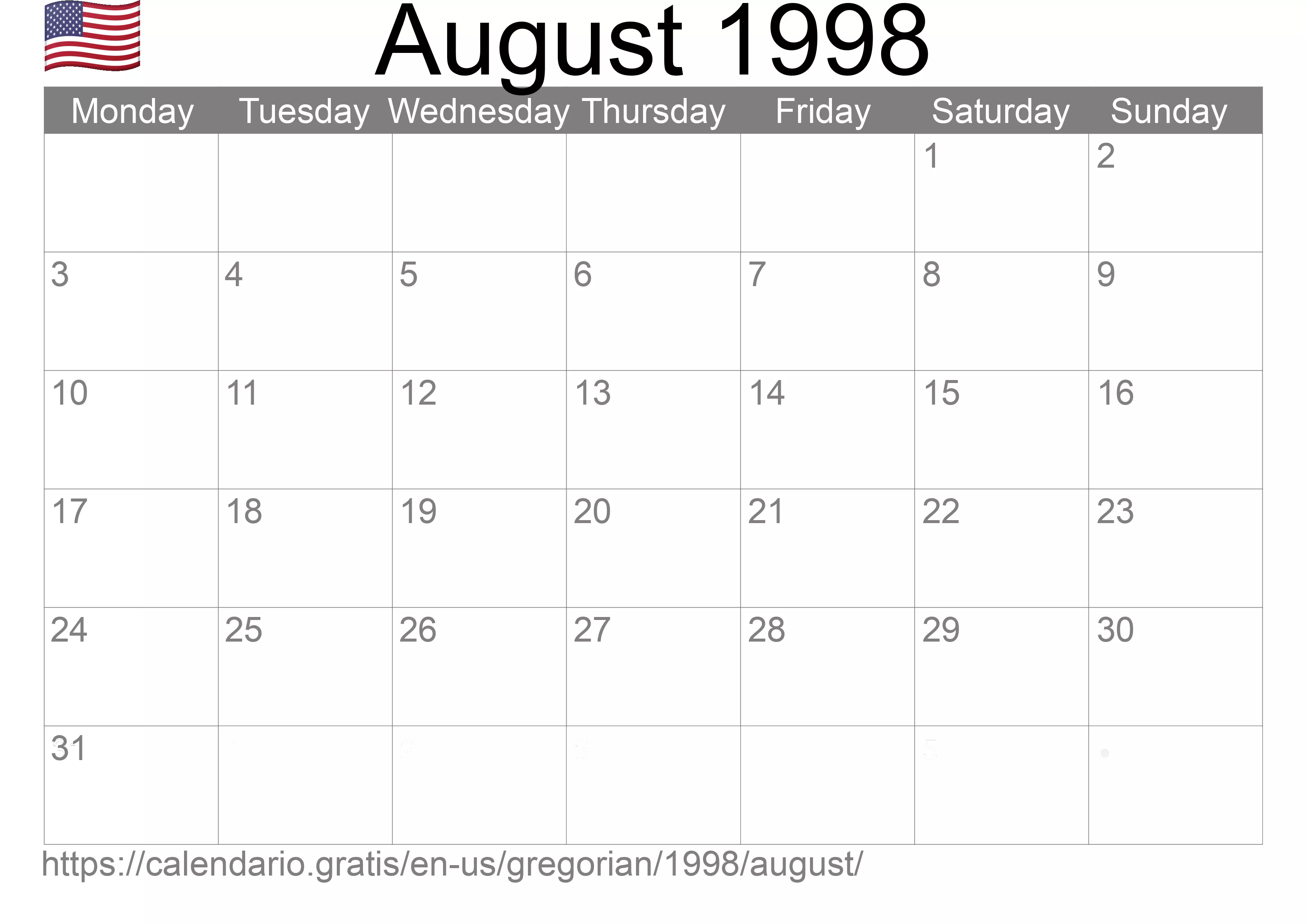 Calendar August 1998 to print (United States of America) Calendar August 1998 to print (United States of America)