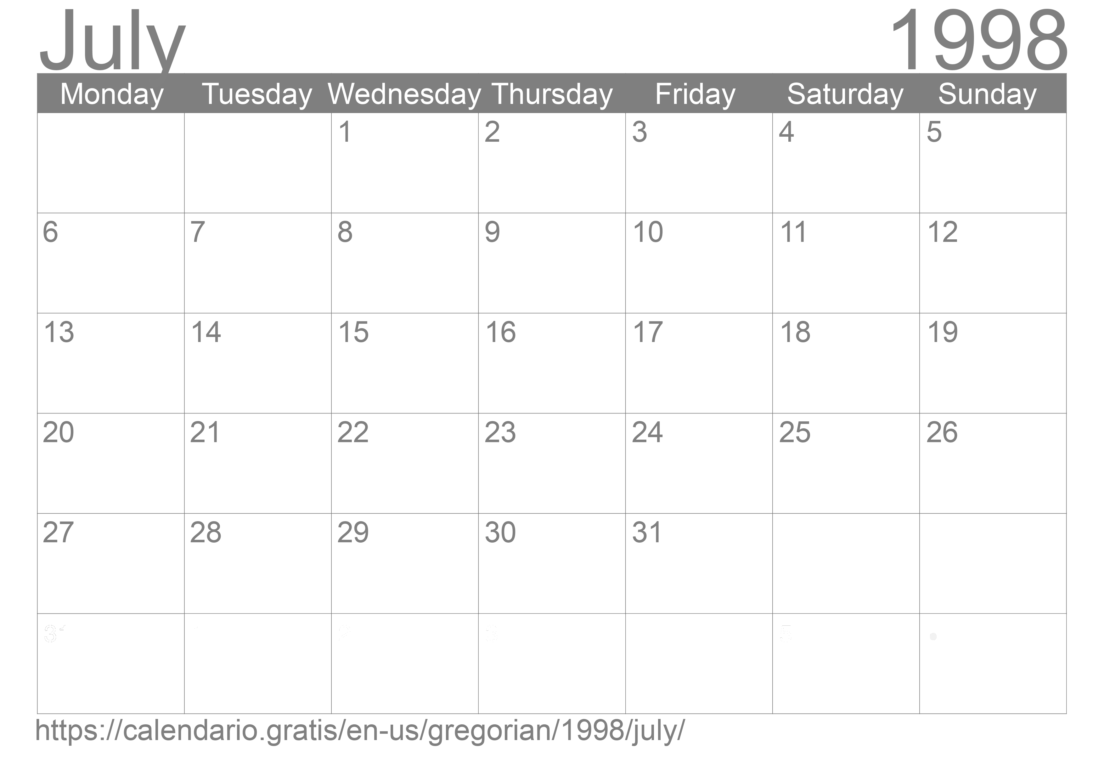 Calendar July 1998 from United States of America in English: Holidays ...