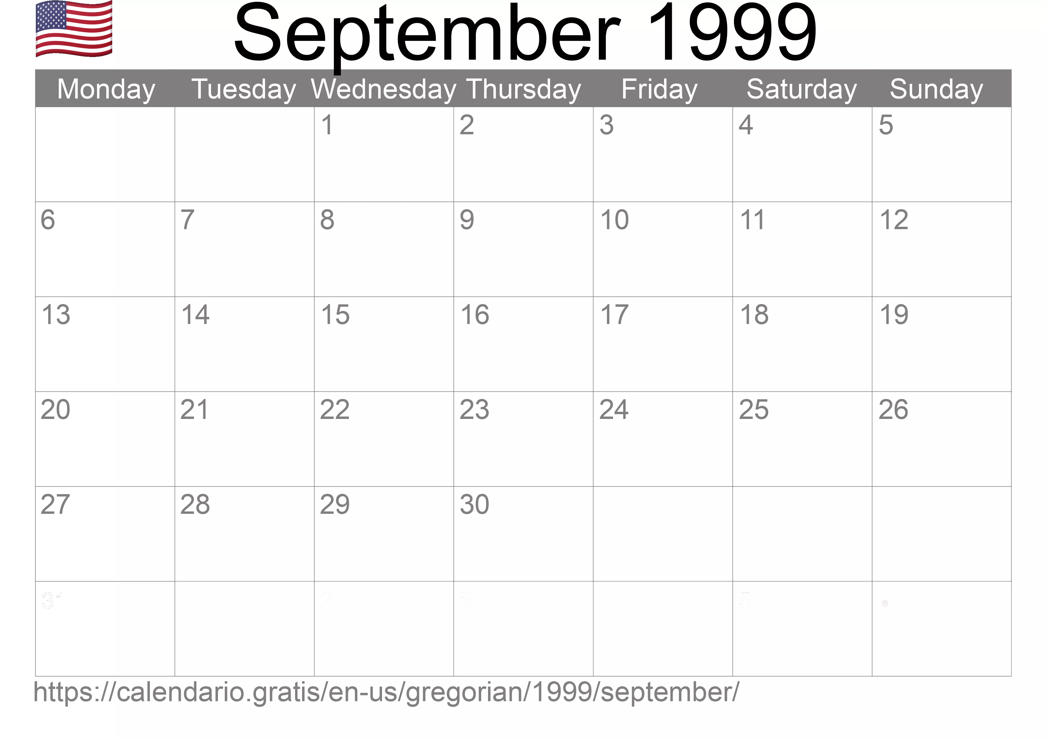 Calendar September 1999 to print (United States of America)