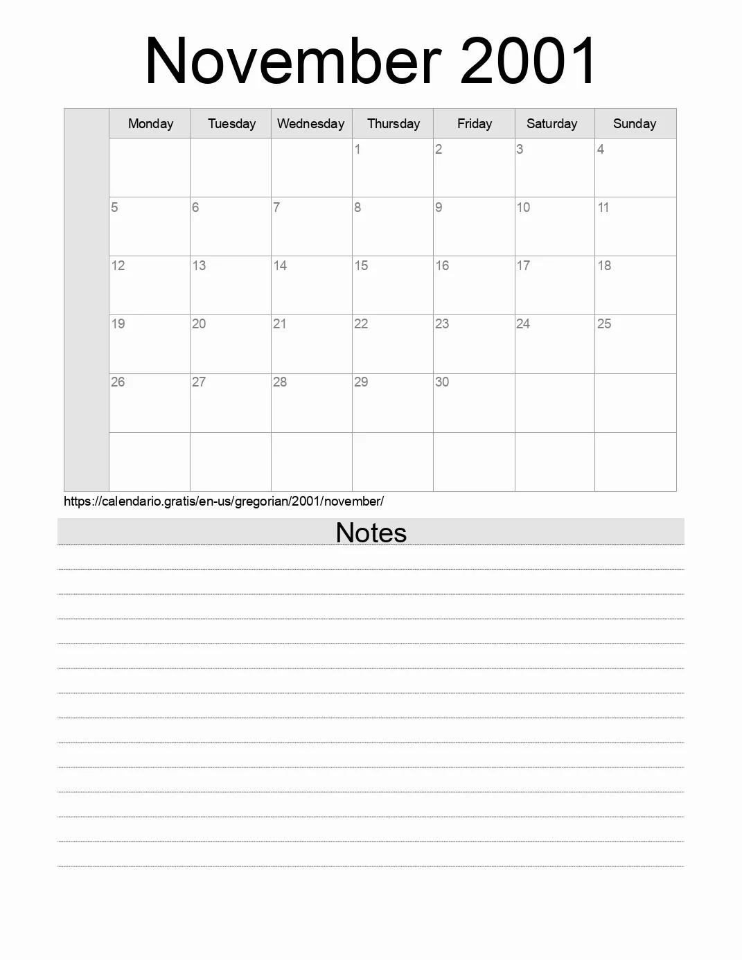 Calendar for printing with notes for 2001 November . (United States of America)