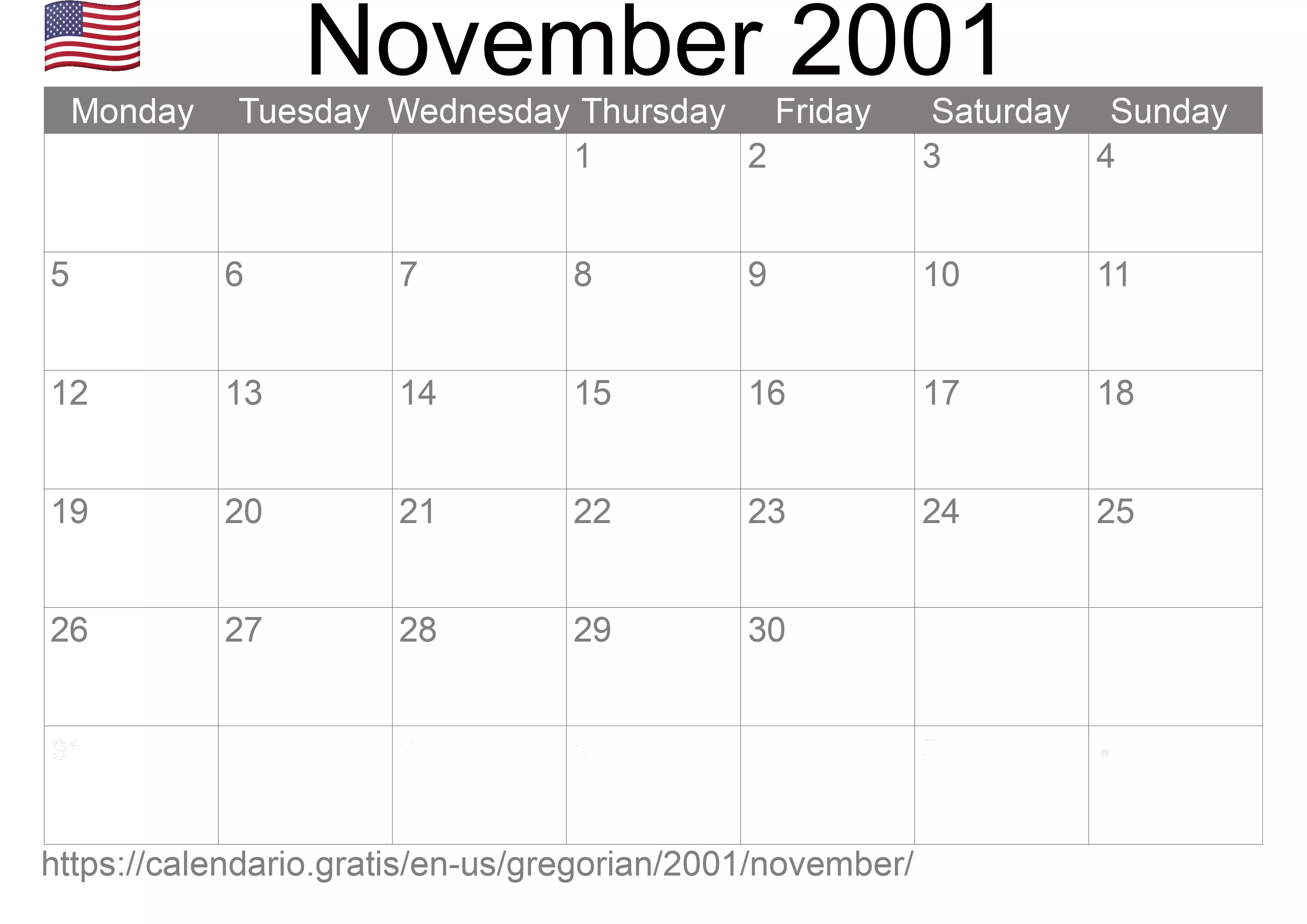 Calendar November 2001 to print (United States of America)