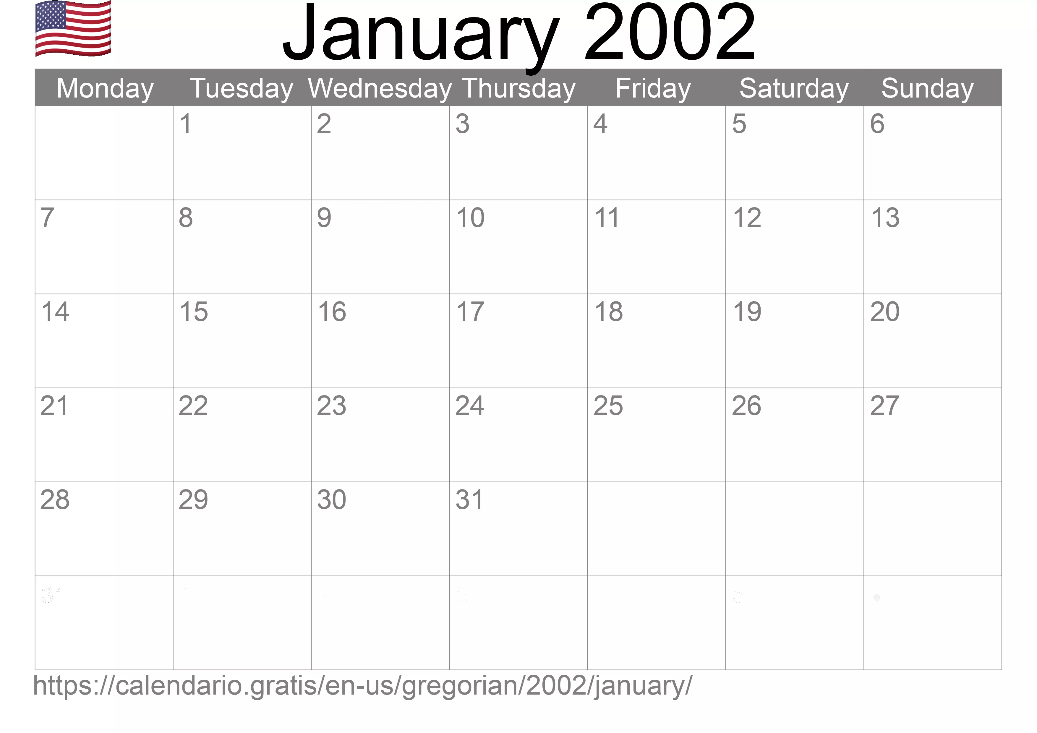 Calendar January 2002 to print (United States of America)