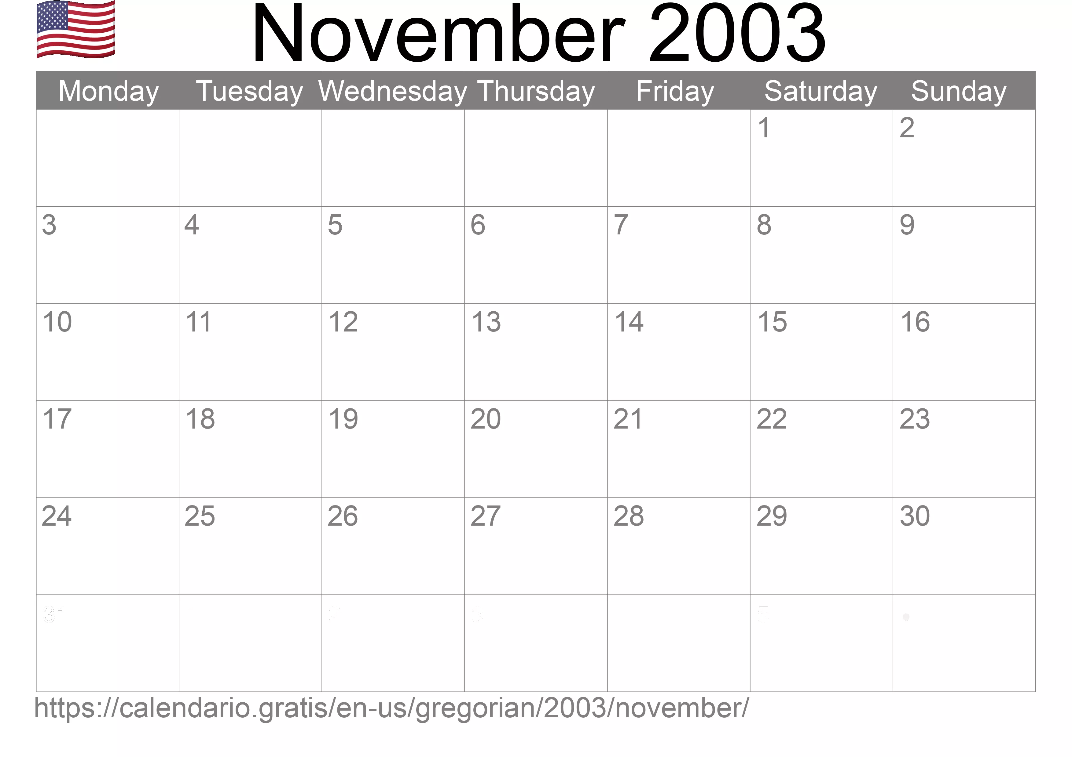 Calendar November 2003 to print (United States of America)