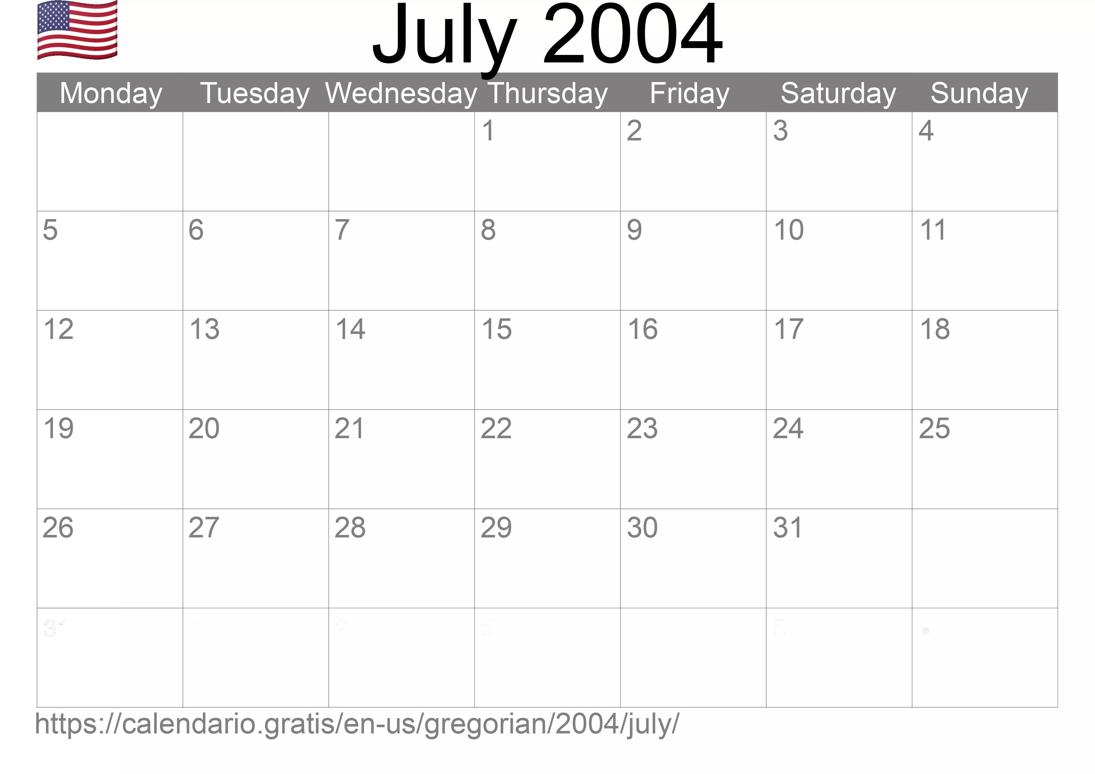 Calendar July 2004 to print (United States of America)