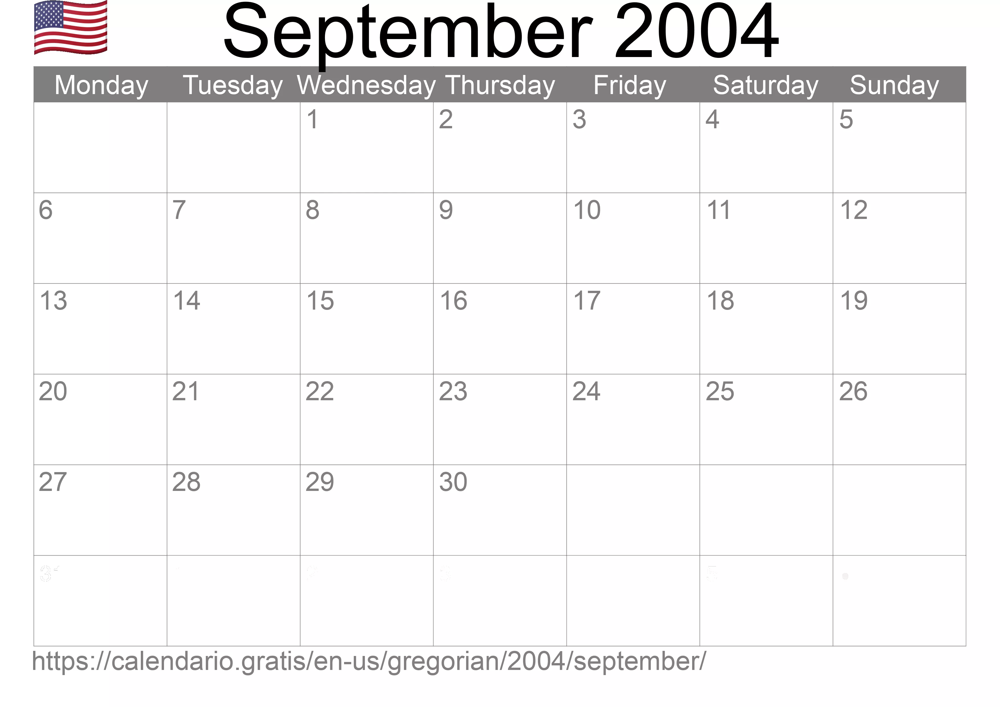 Calendar September 2004 to print (United States of America)