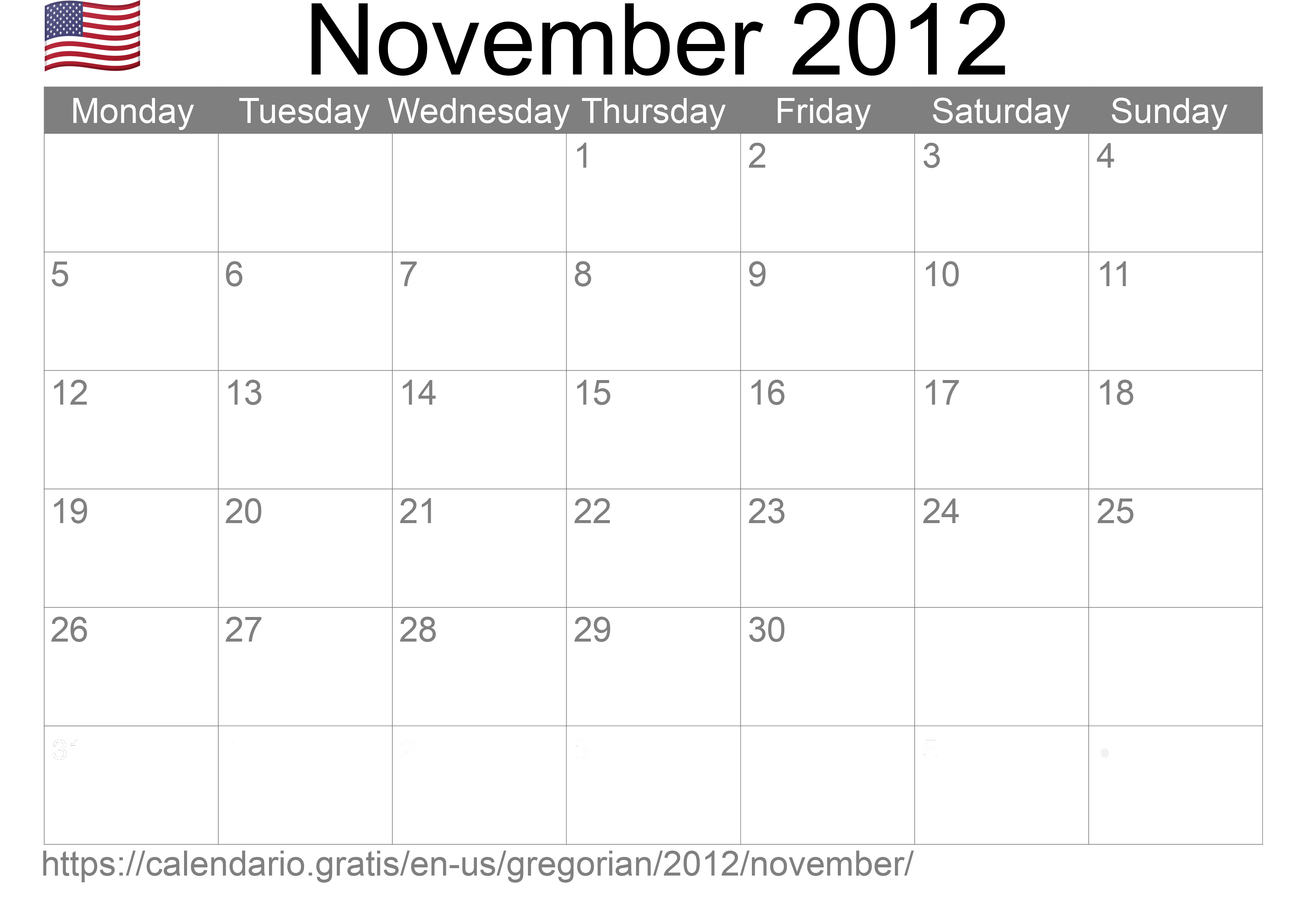 Calendar November 2012 to print