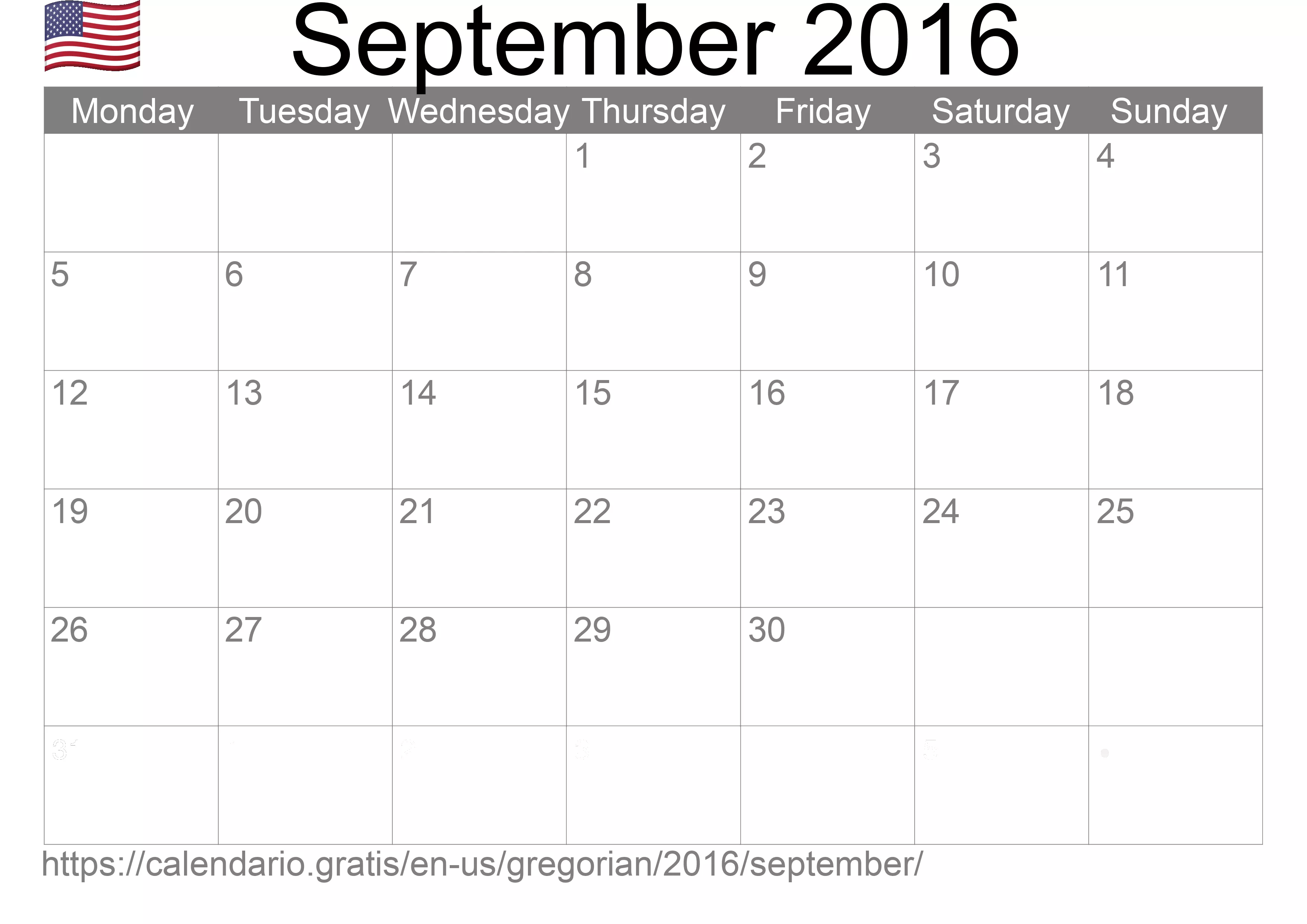Calendar September 2016 to print (United States of America)