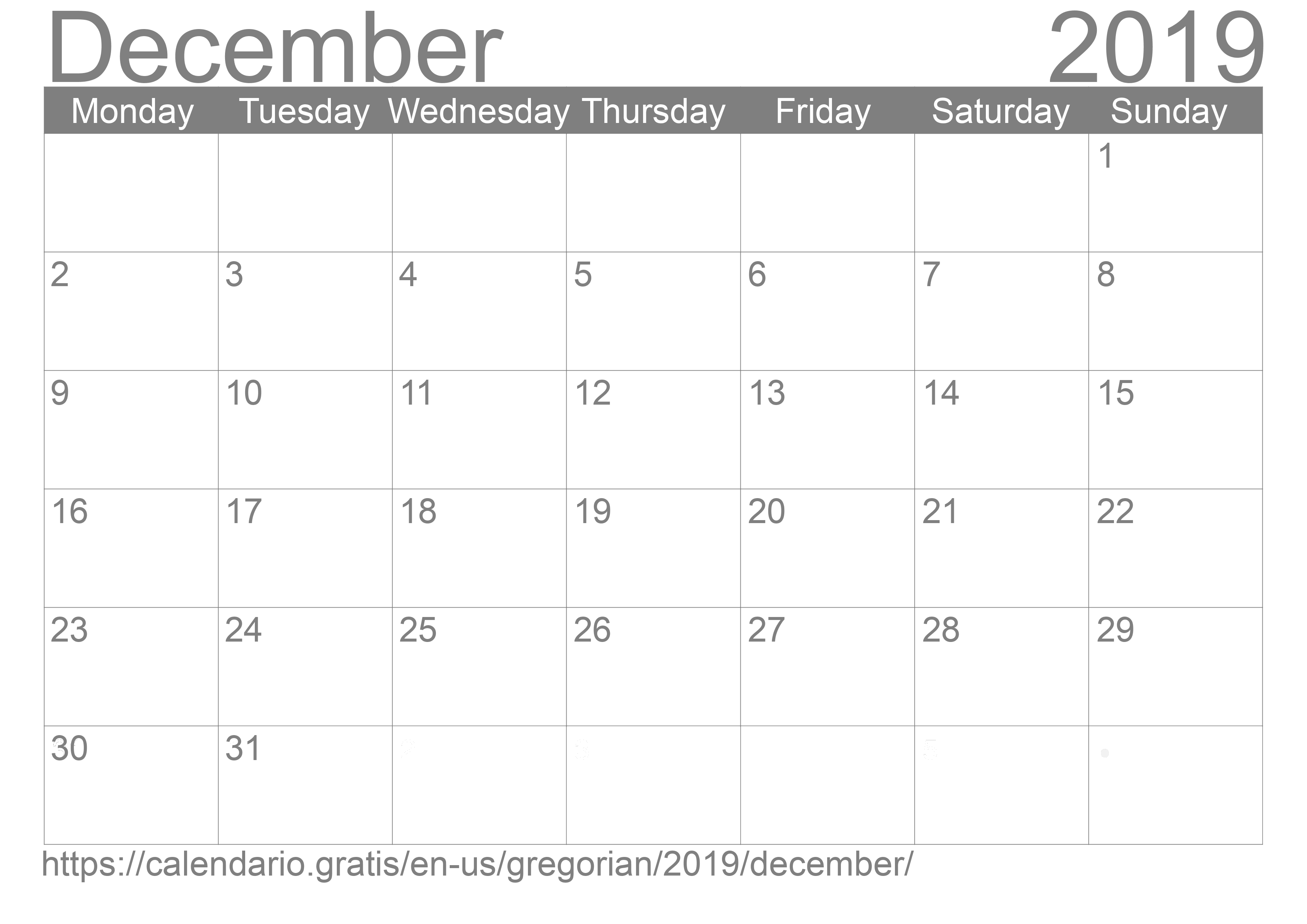 Calendar December 2019 to print