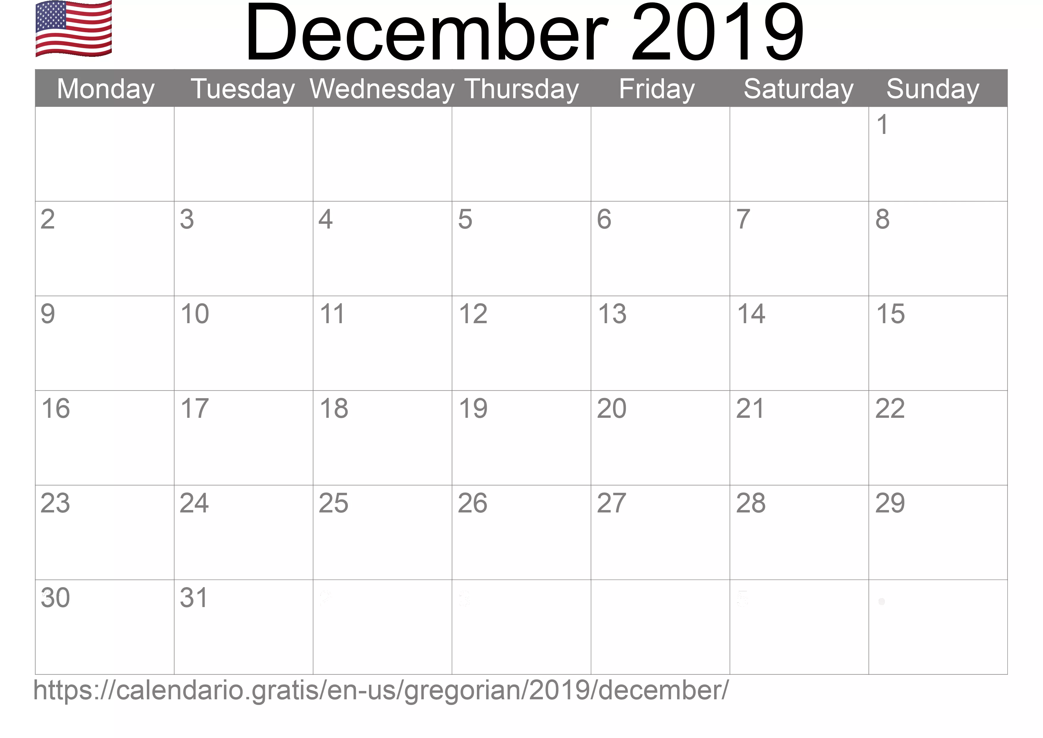 Calendar December 2019 to print (United States of America)