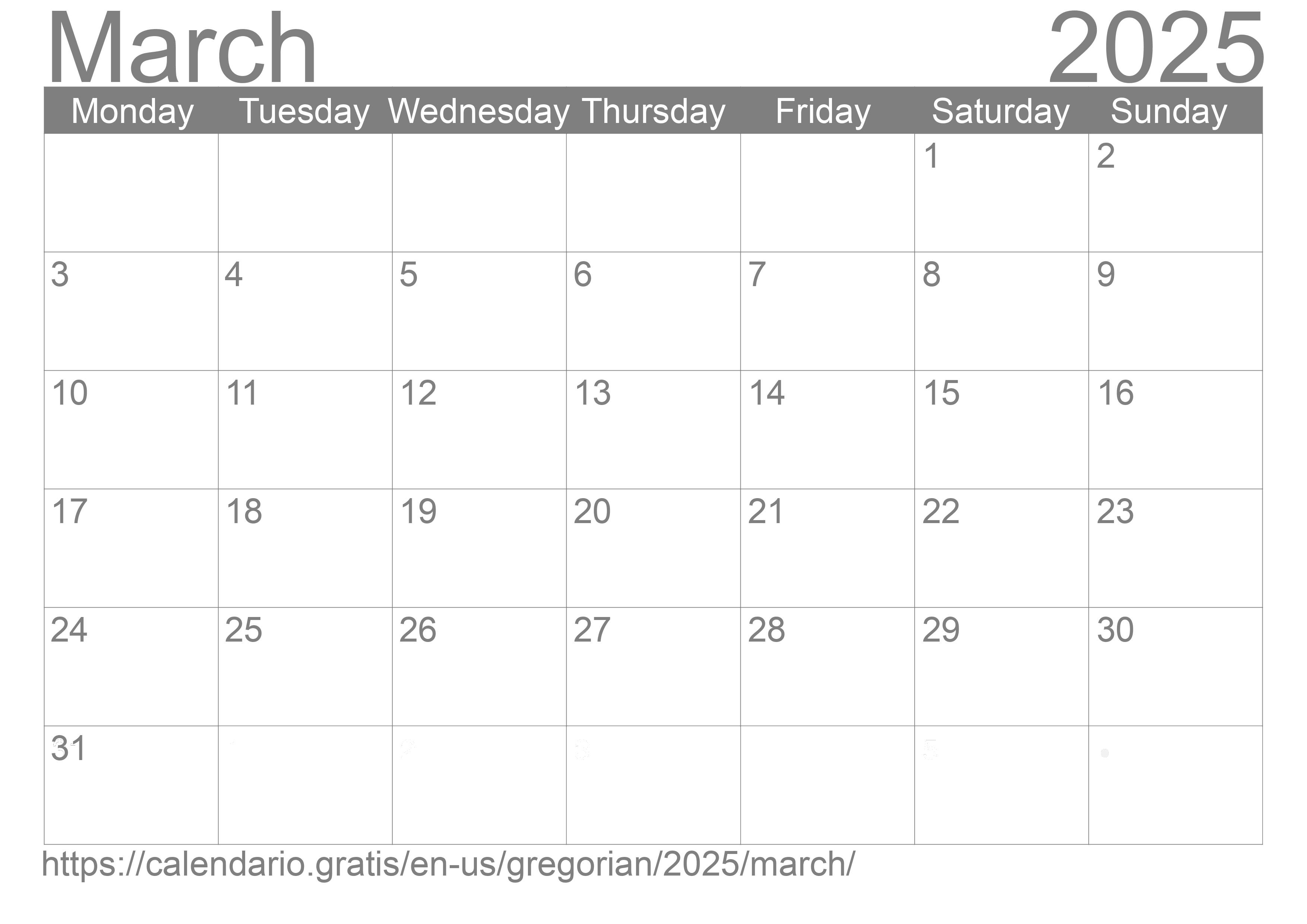 Calendar March 2025 from United States of America in English ☑️