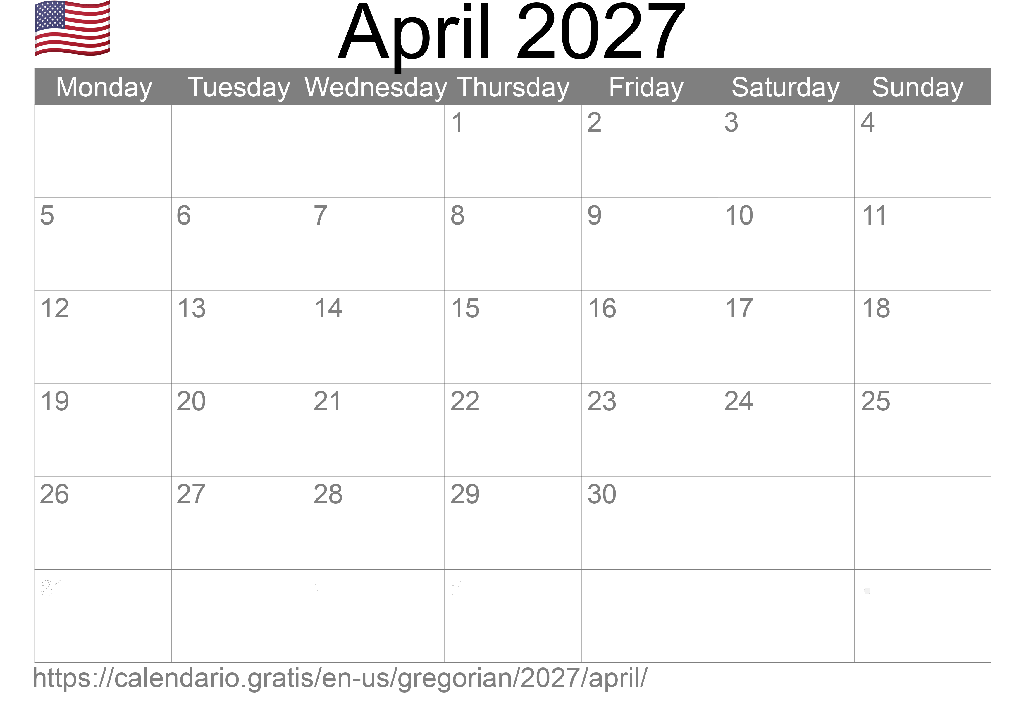 Calendar April 2027 to print