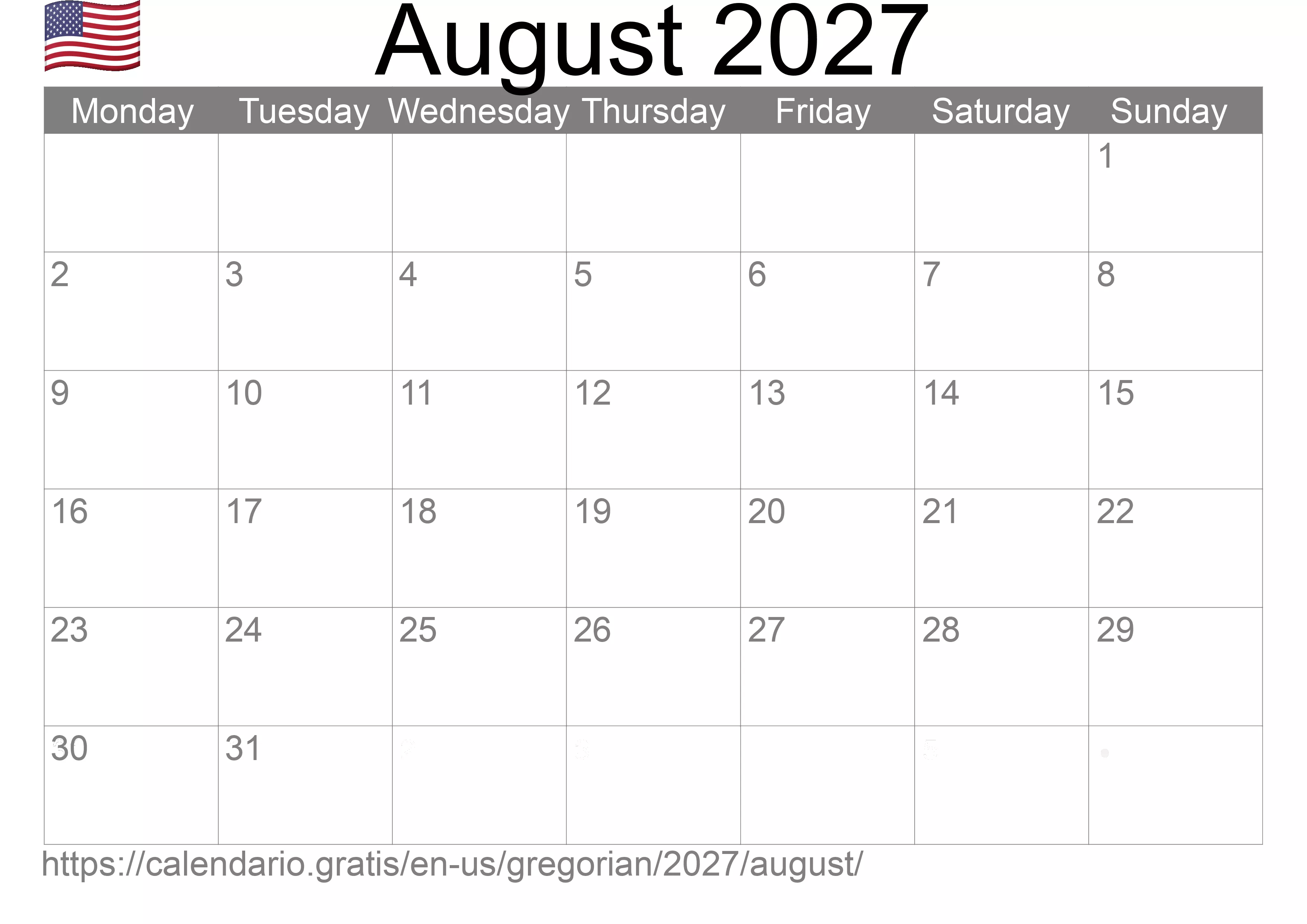 Calendar August 2027 to print (United States of America) Calendar August 2027 to print (United States of America)