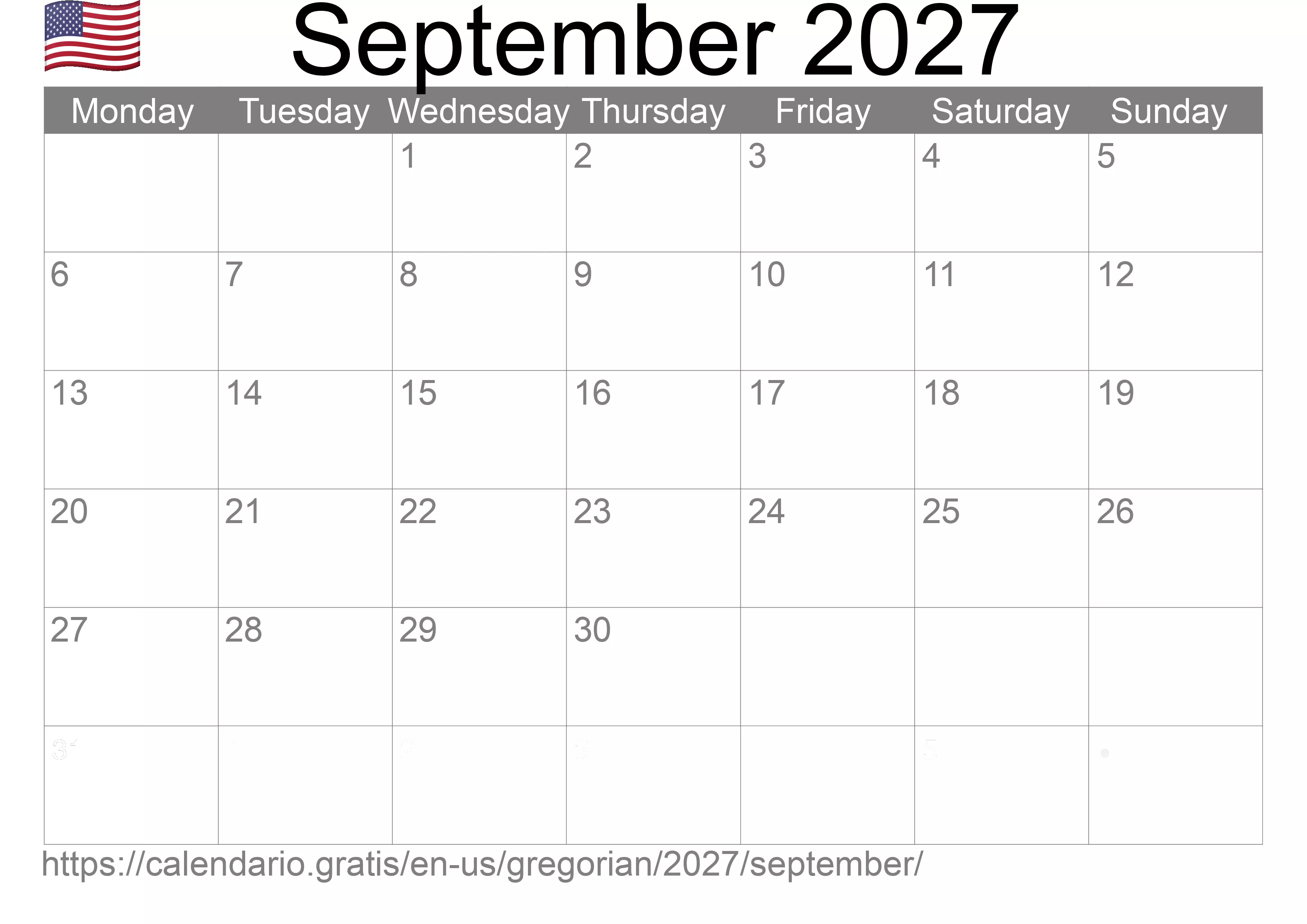Calendar September 2027 to print (United States of America)