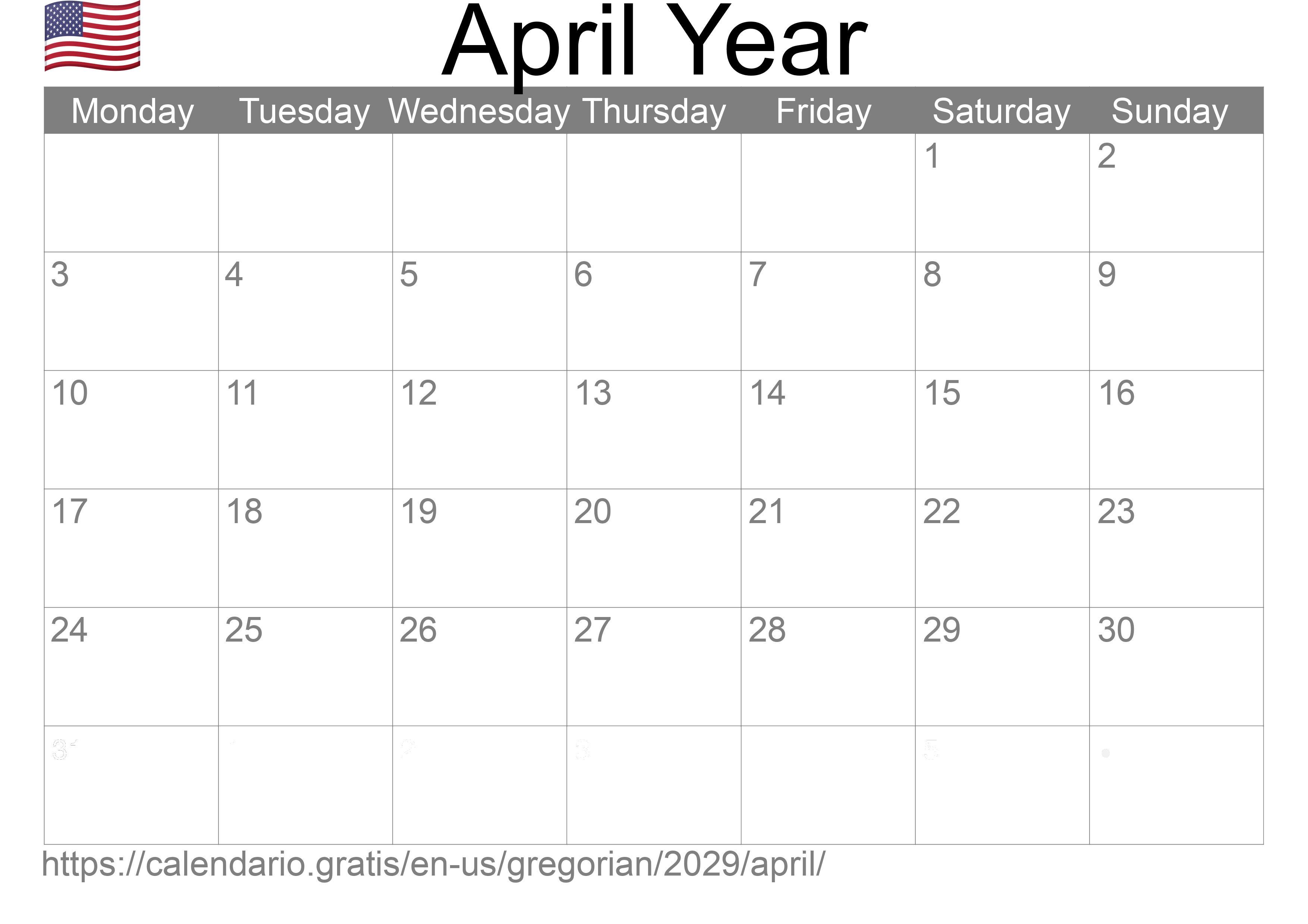 Calendar April 2029 to print