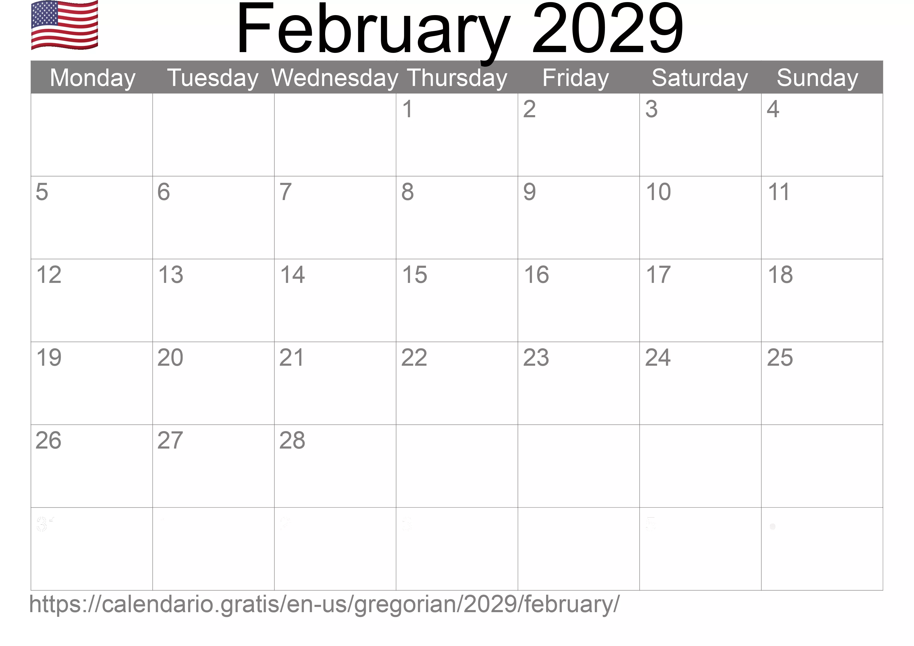 Calendar February 2029 to print (United States of America) Calendar February 2029 to print (United States of America)