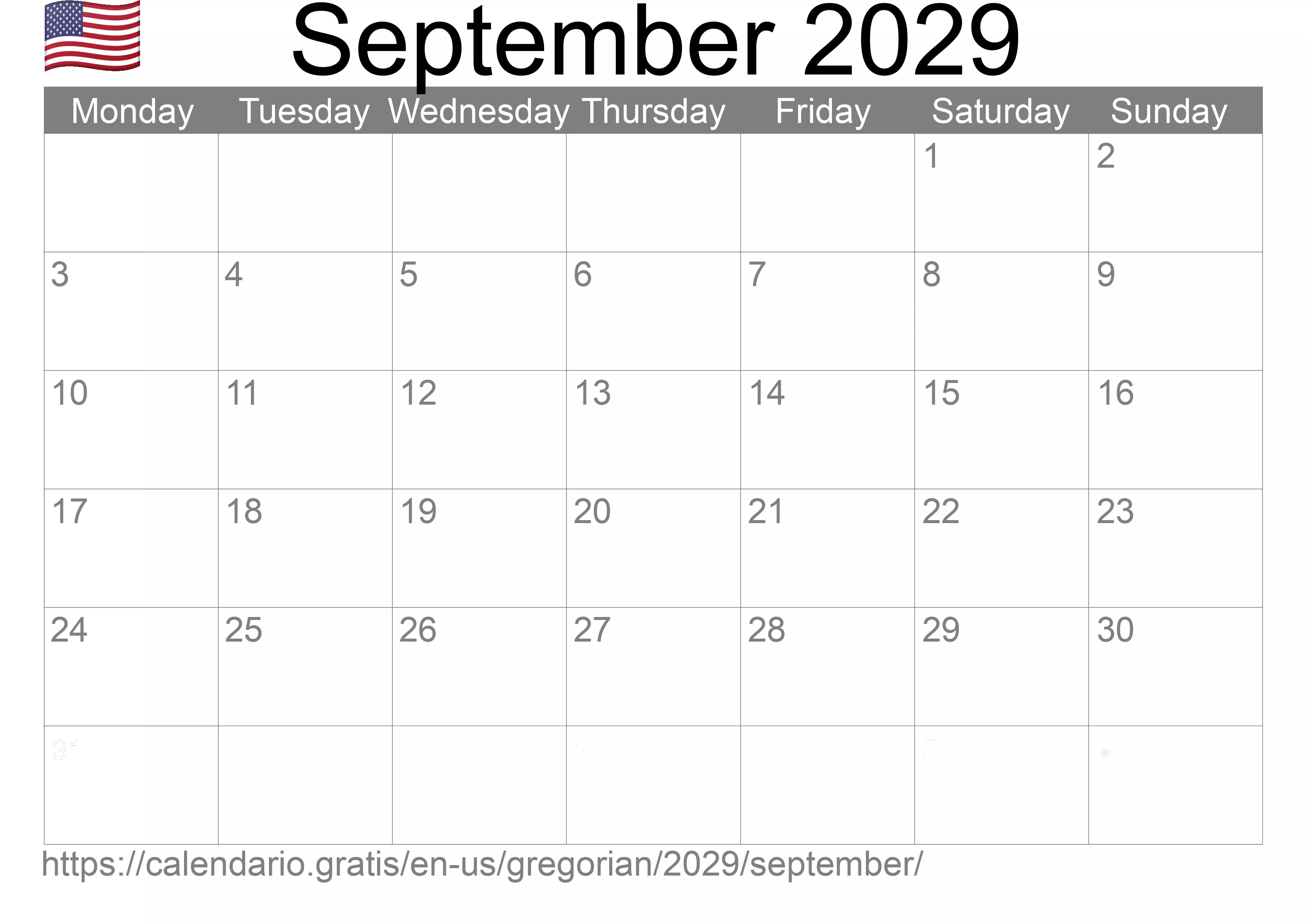 Calendar September 2029 to print (United States of America)