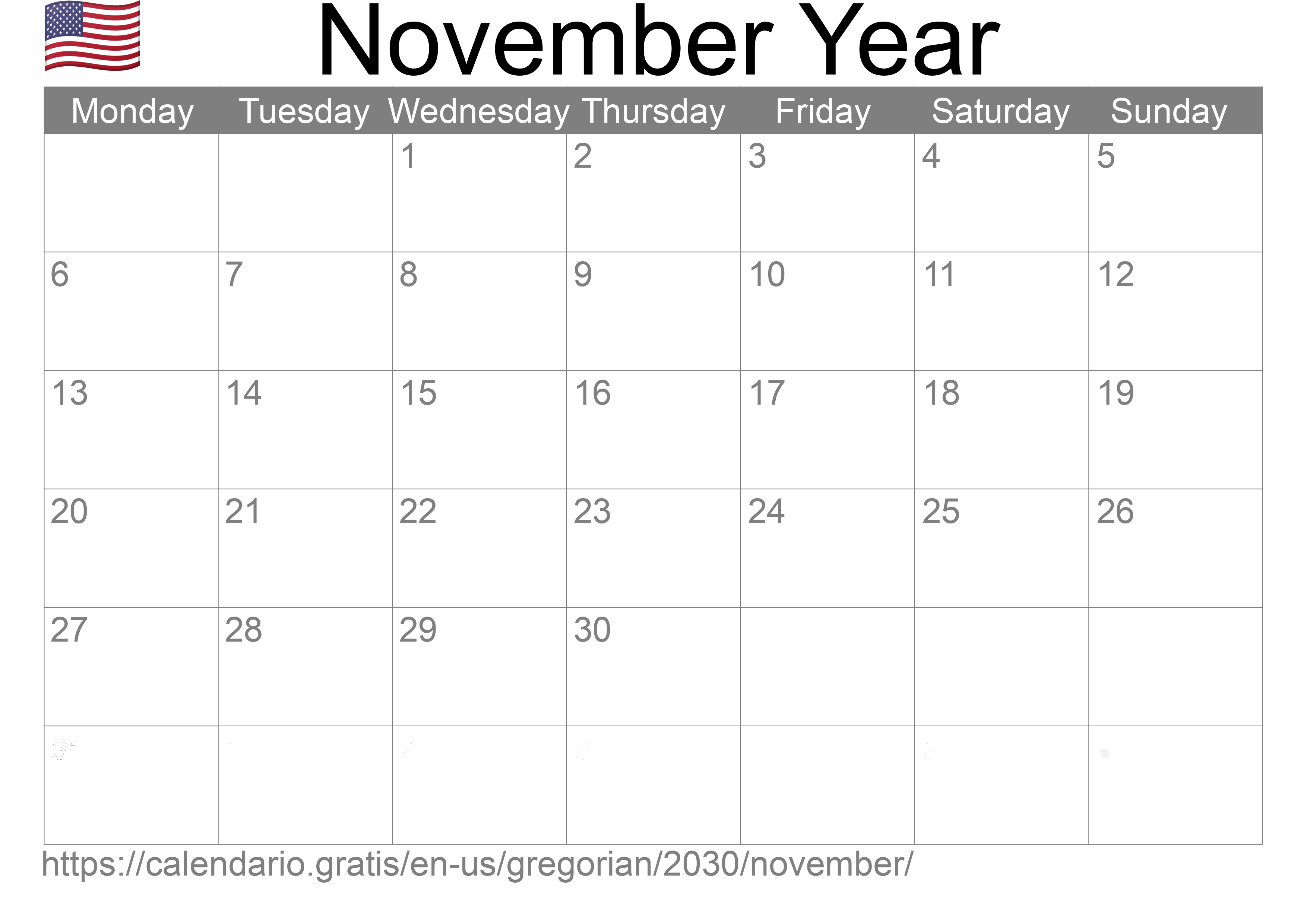 Calendar November 2030 to print