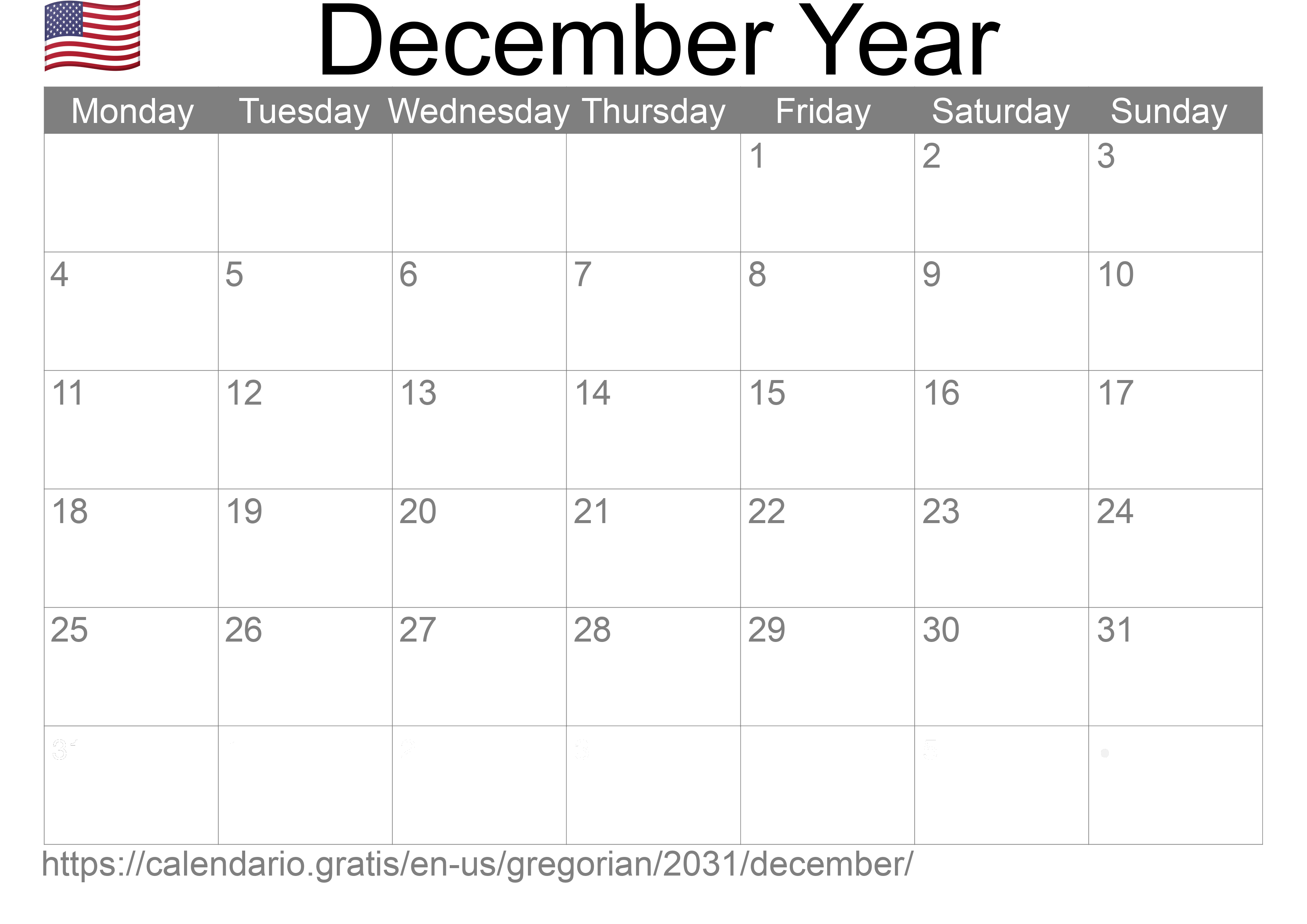 Calendar December 2031 to print