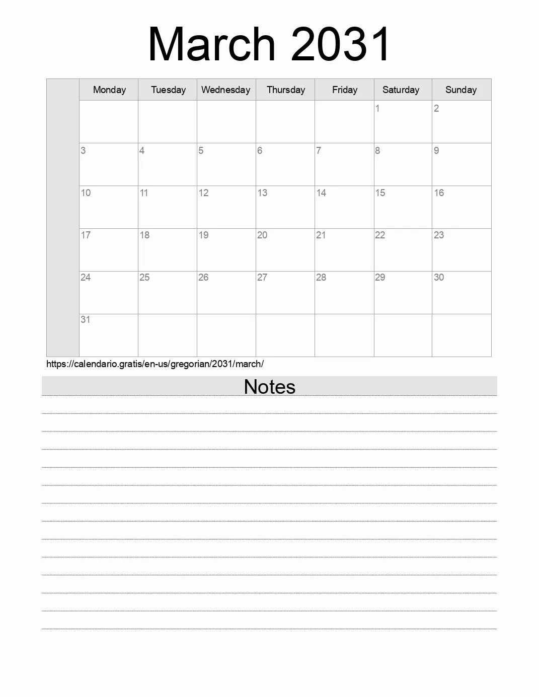 Calendar for printing with notes for 2031 March . (United States of America) Calendar for printing with notes for 2031 March . (United States of America)