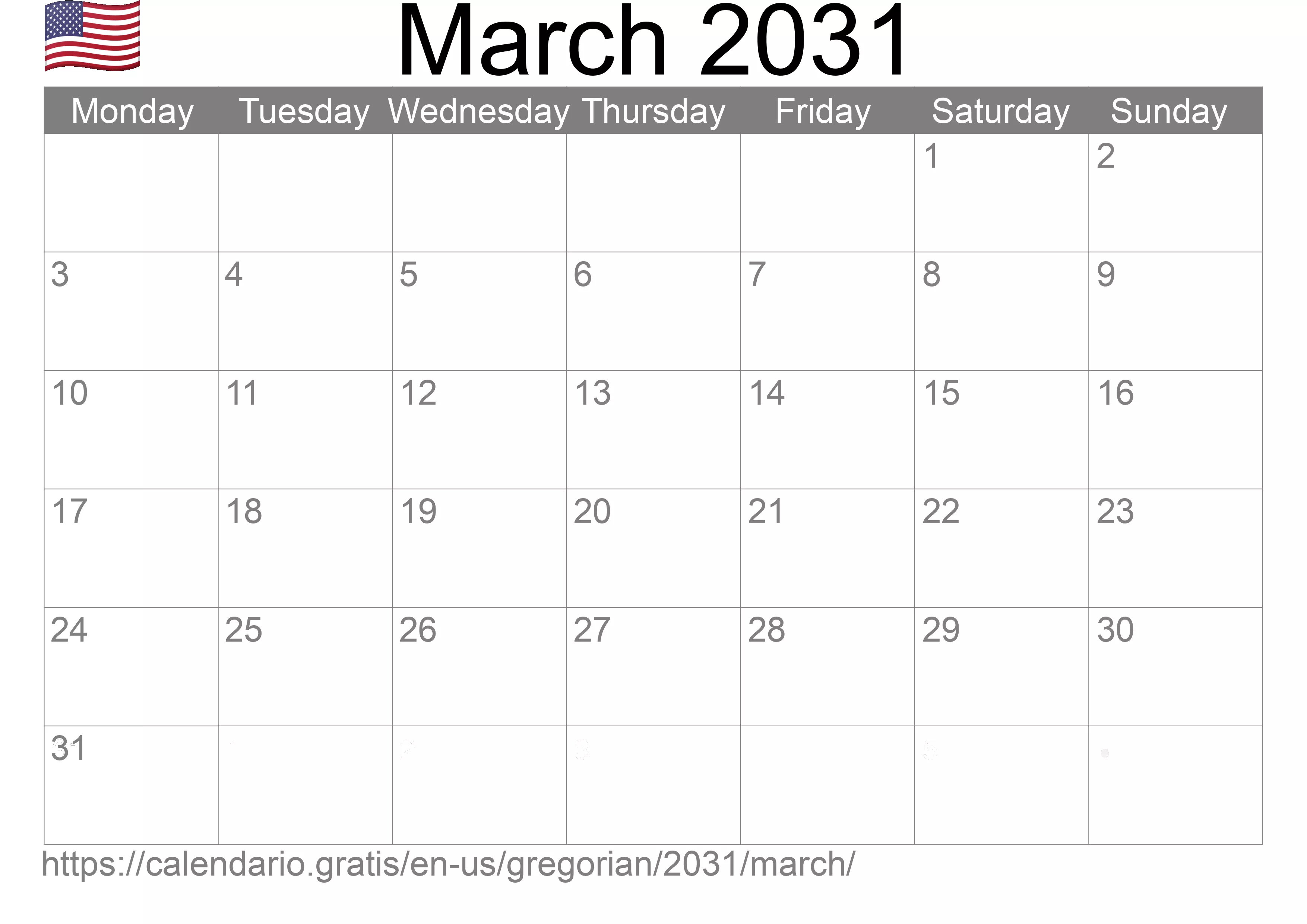 Calendar March 2031 to print (United States of America) Calendar March 2031 to print (United States of America)
