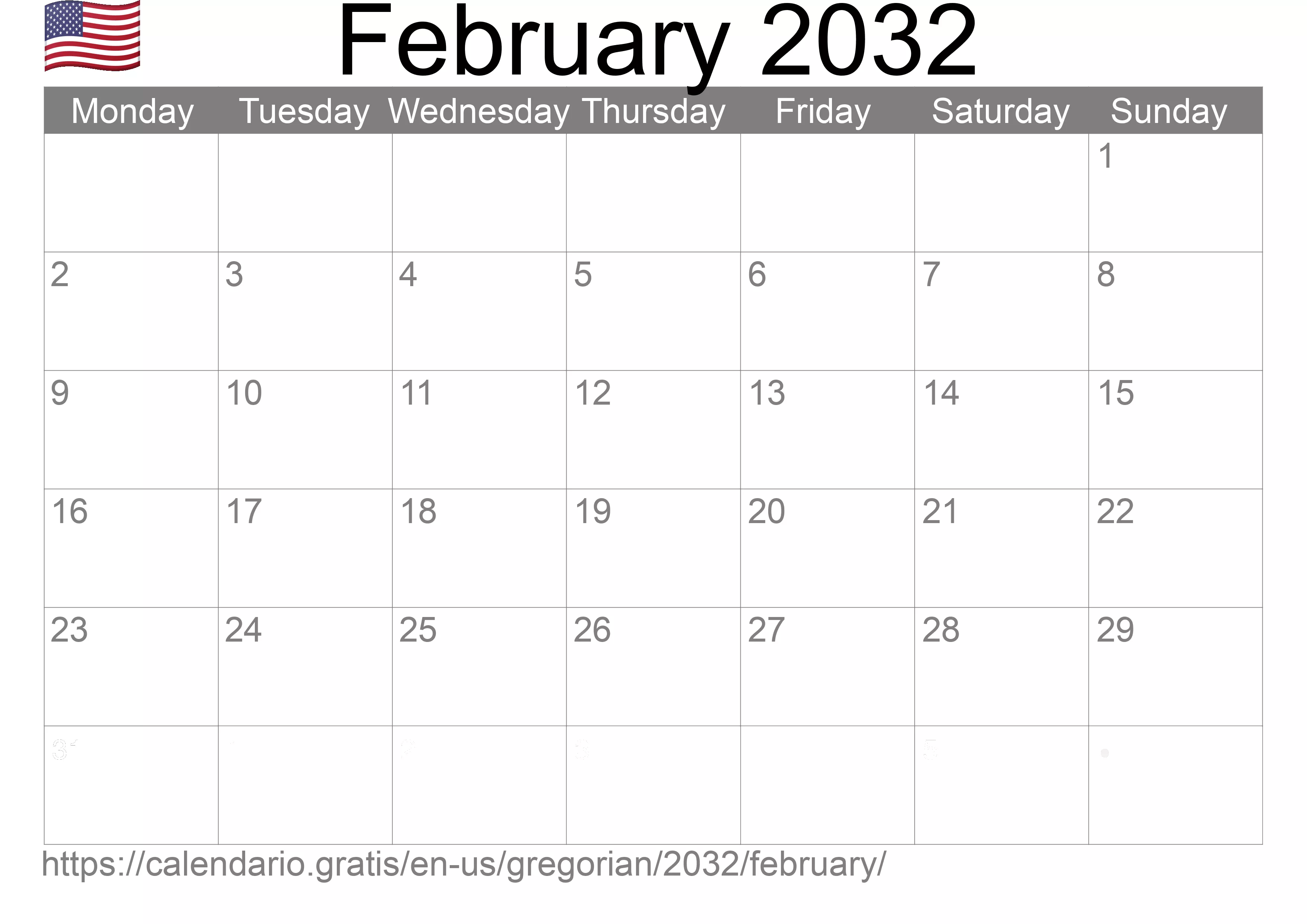 Calendar February 2032 to print (United States of America) Calendar February 2032 to print (United States of America)
