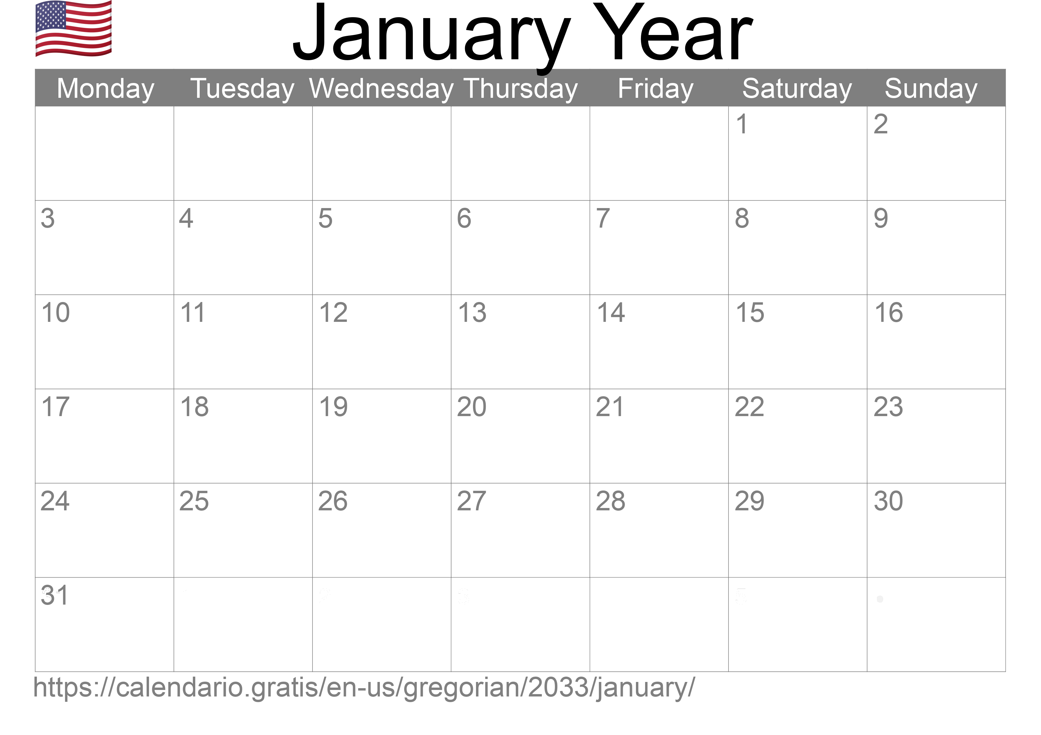 Calendar January 2033 to print