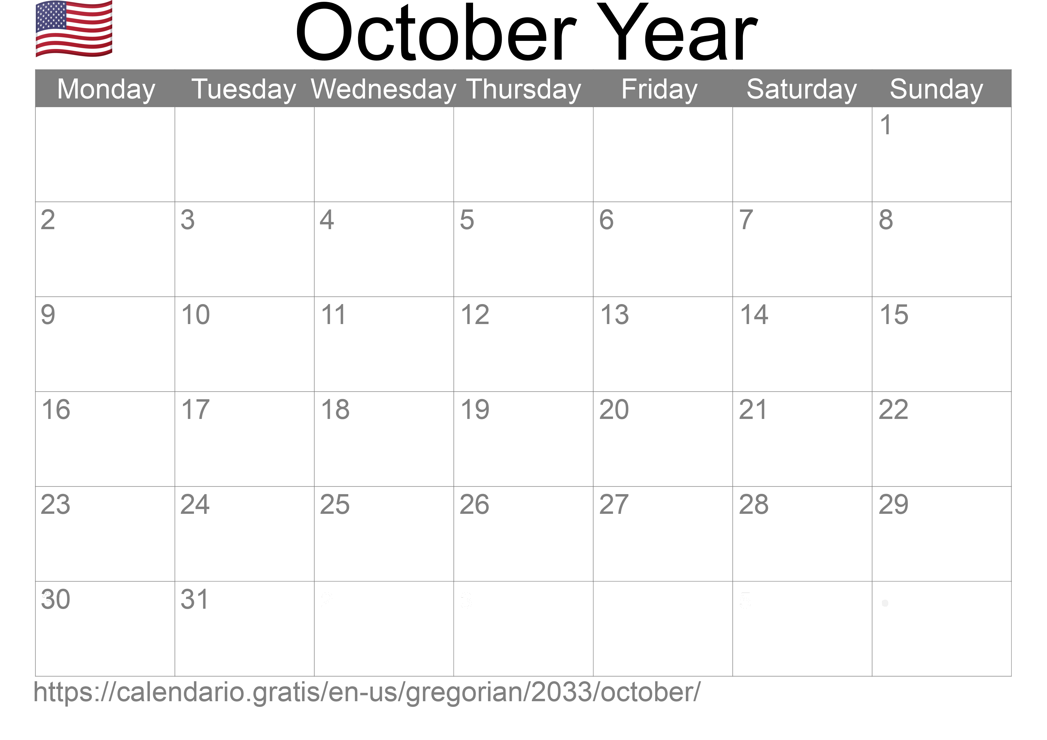 Calendar October 2033 to print