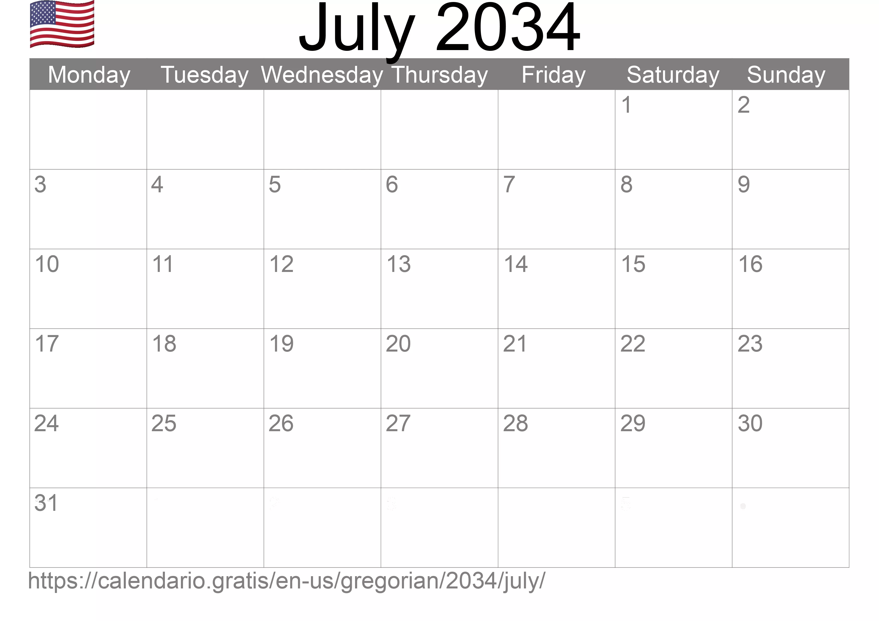 Calendar July 2034 to print (United States of America)
