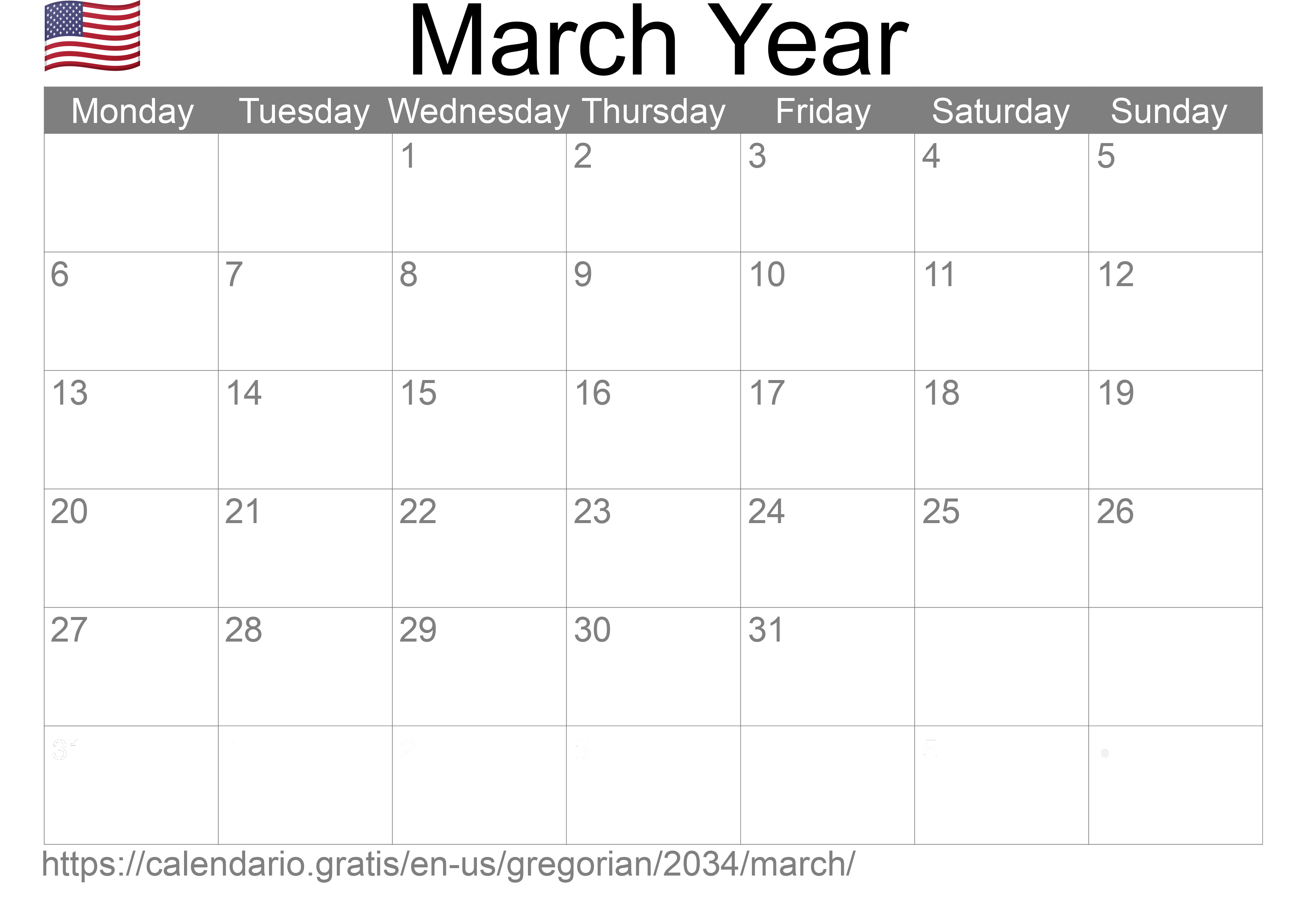 Calendar March 2034 to print