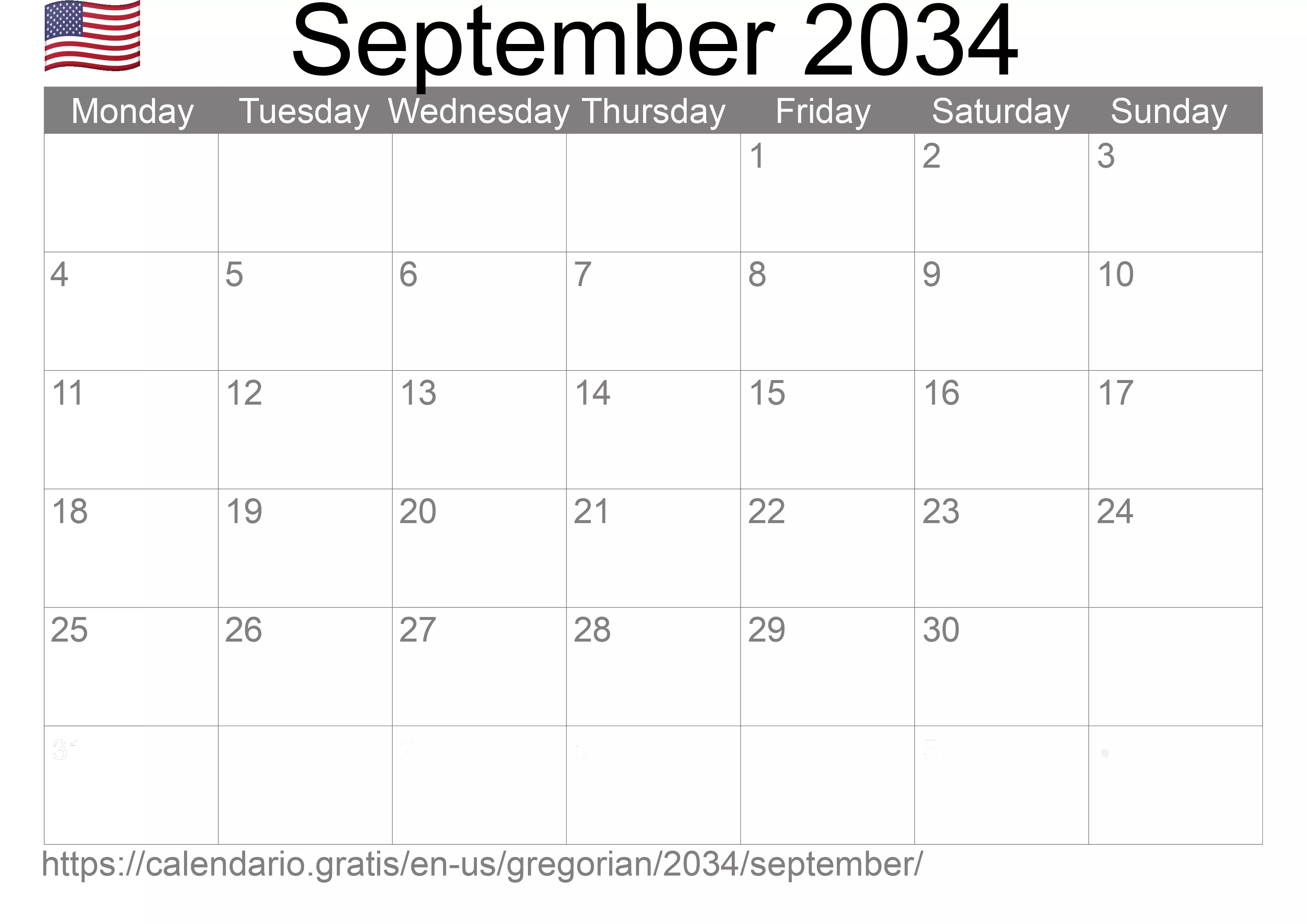 Calendar September 2034 to print (United States of America)