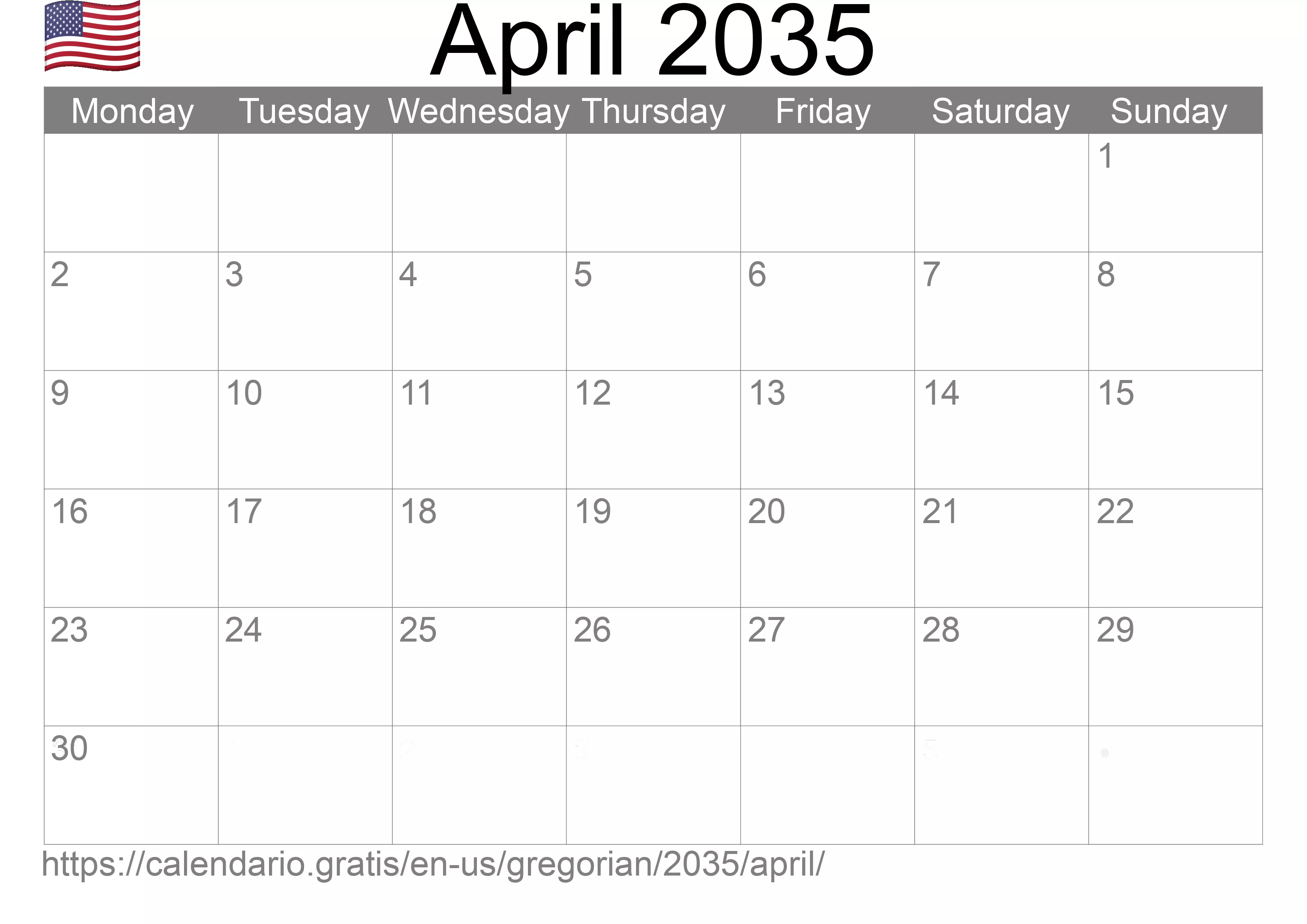 Calendar April 2035 to print (United States of America) Calendar April 2035 to print (United States of America)