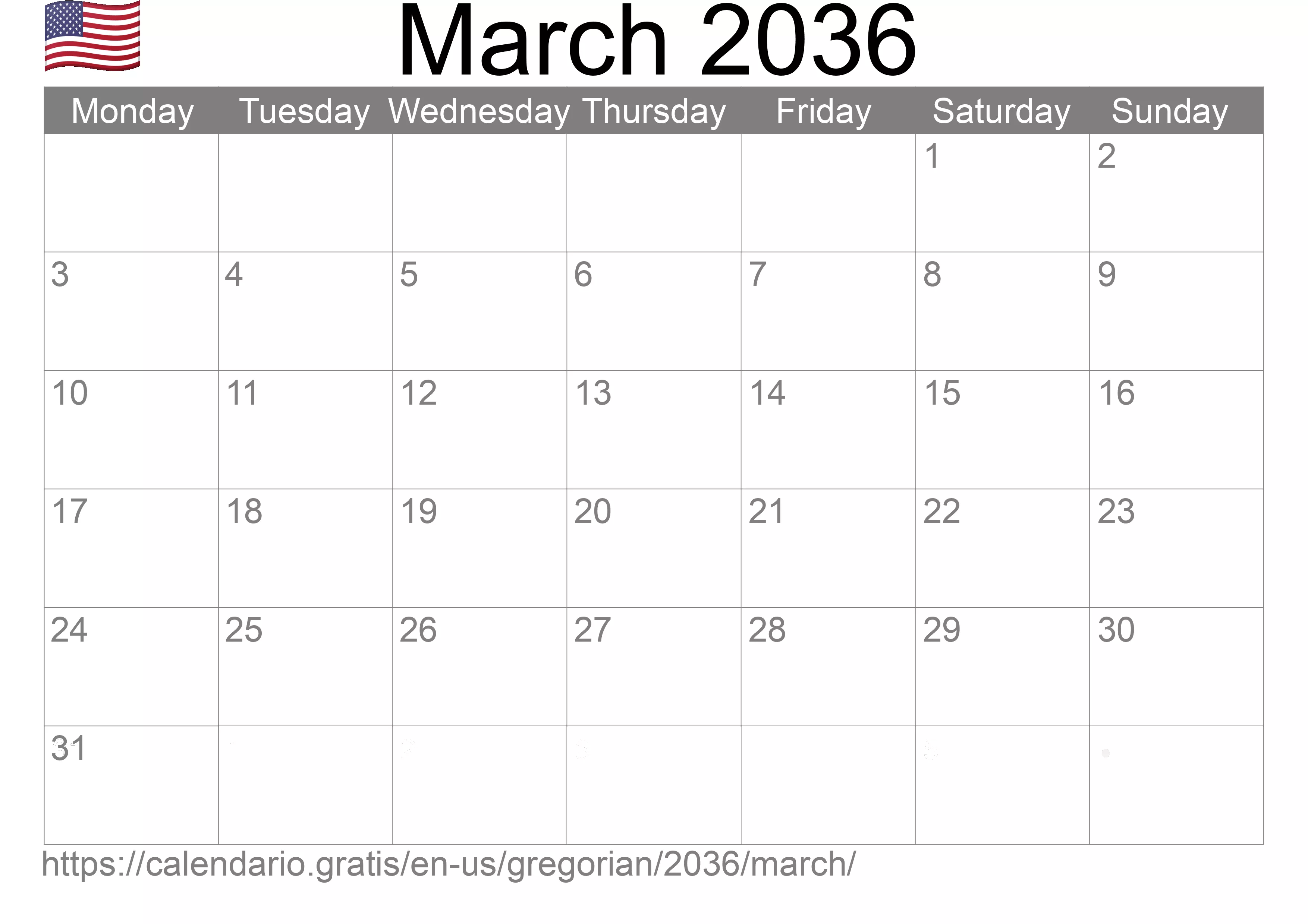 Calendar March 2036 to print (United States of America) Calendar March 2036 to print (United States of America)